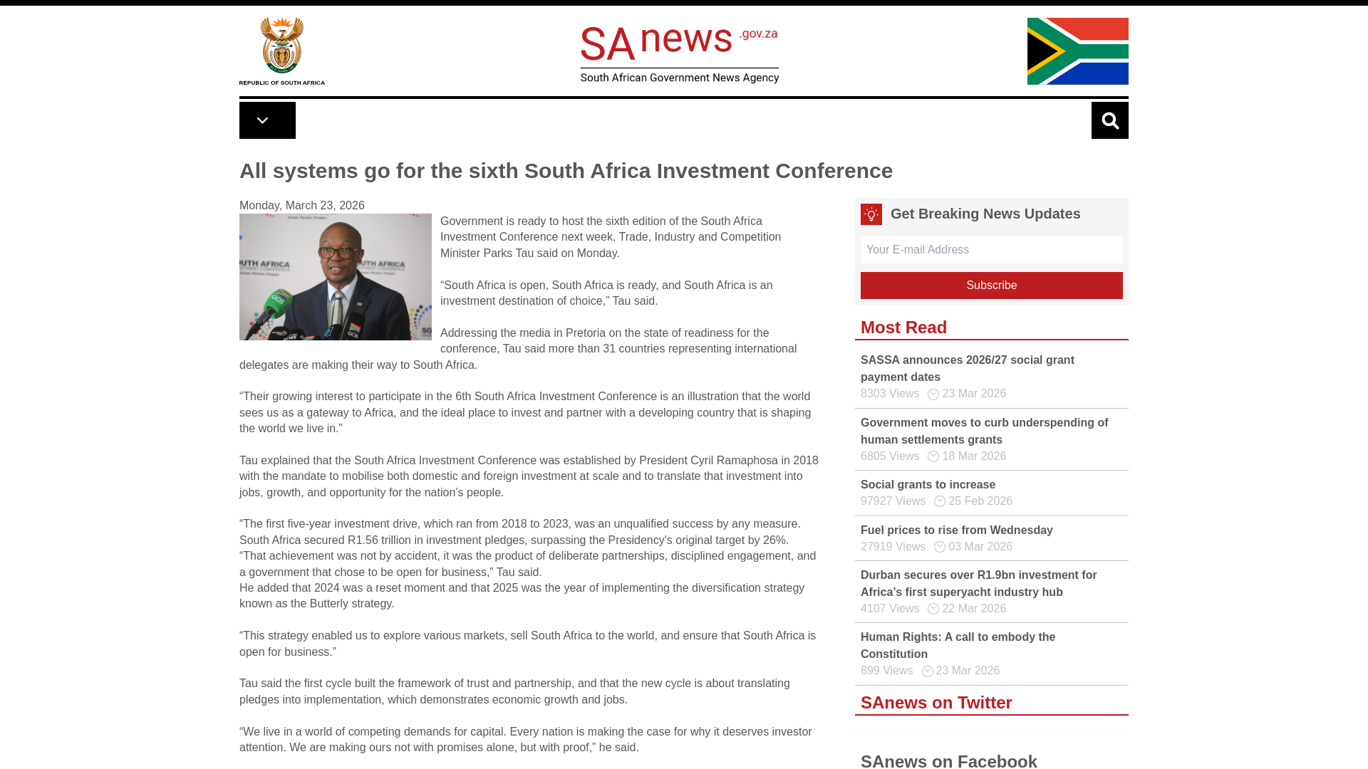 website screenshot of https://www.sanews.gov.za/south-africa/all-systems-go-sixth-south-africa-investment-conference