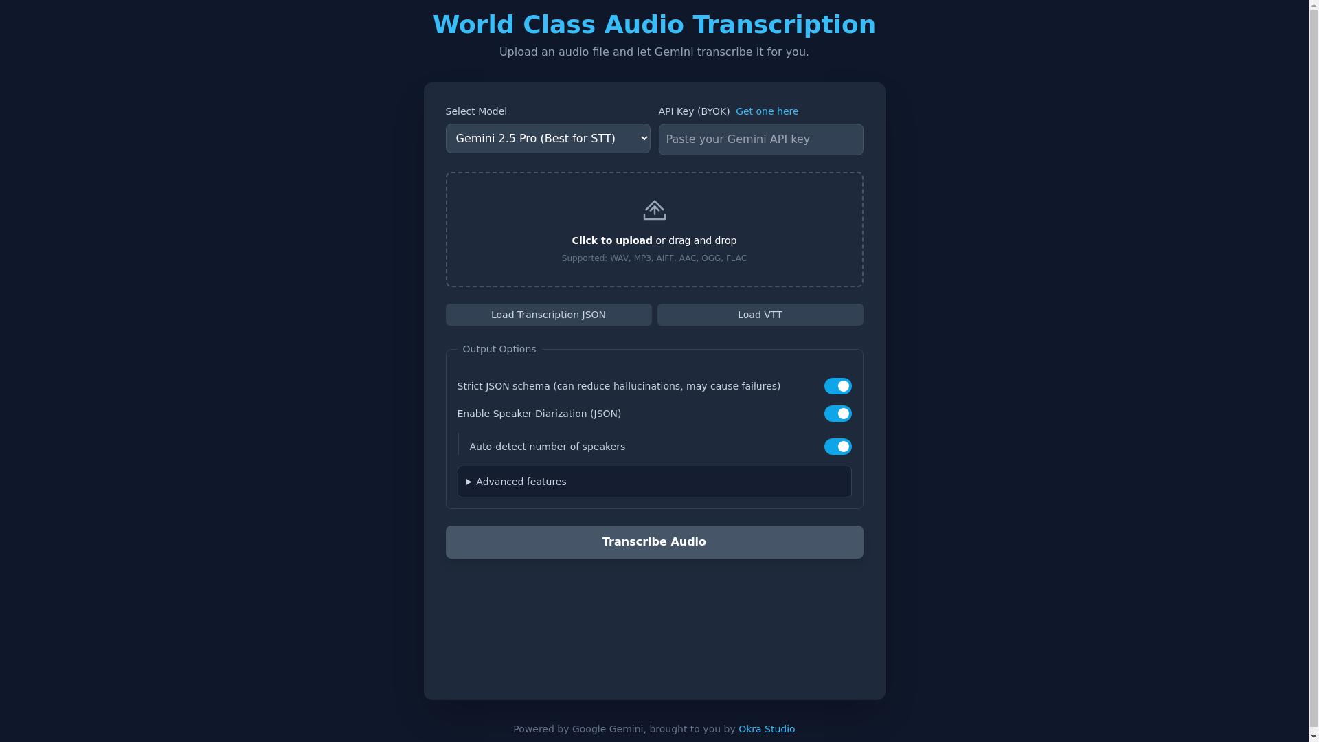 website screenshot of https://gemini-audio-transcriber.pages.dev/