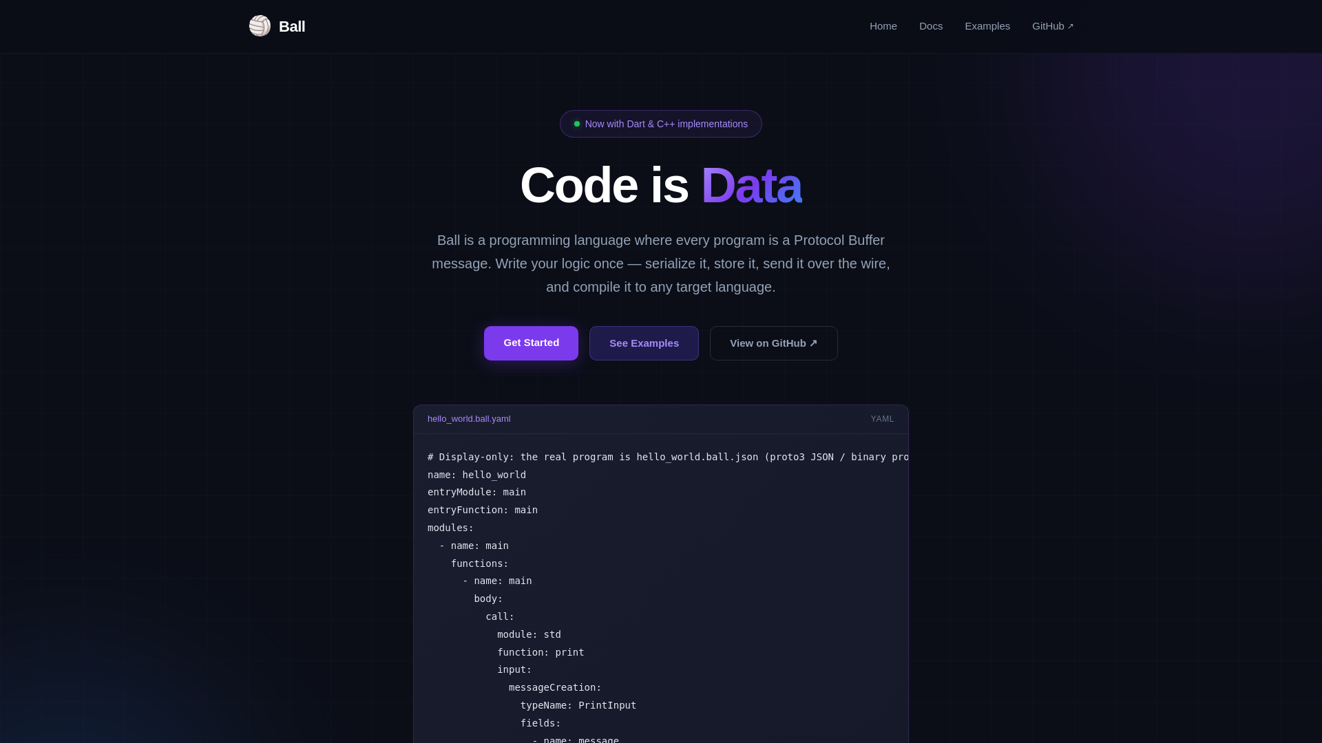 website screenshot of https://ball-lang.dev/