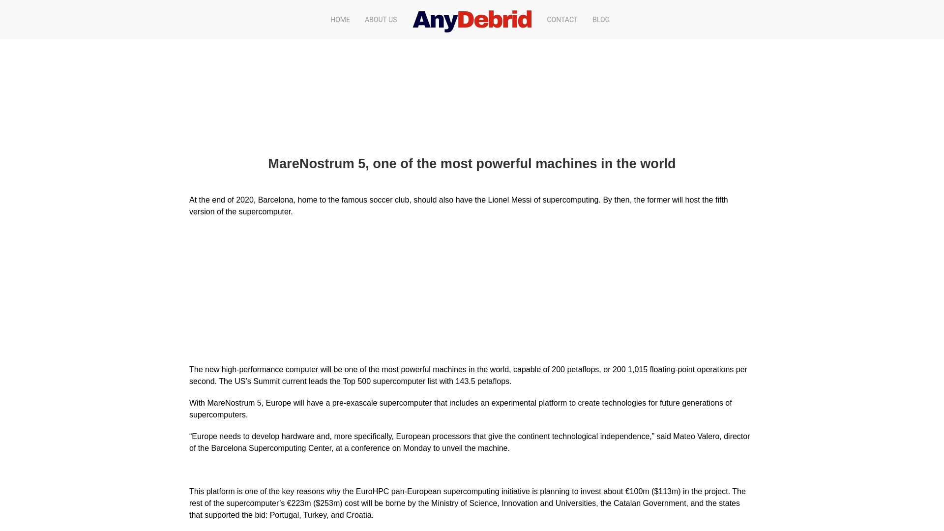 website screenshot of https://anydebrid.com/article/marenostrum-supercomputing