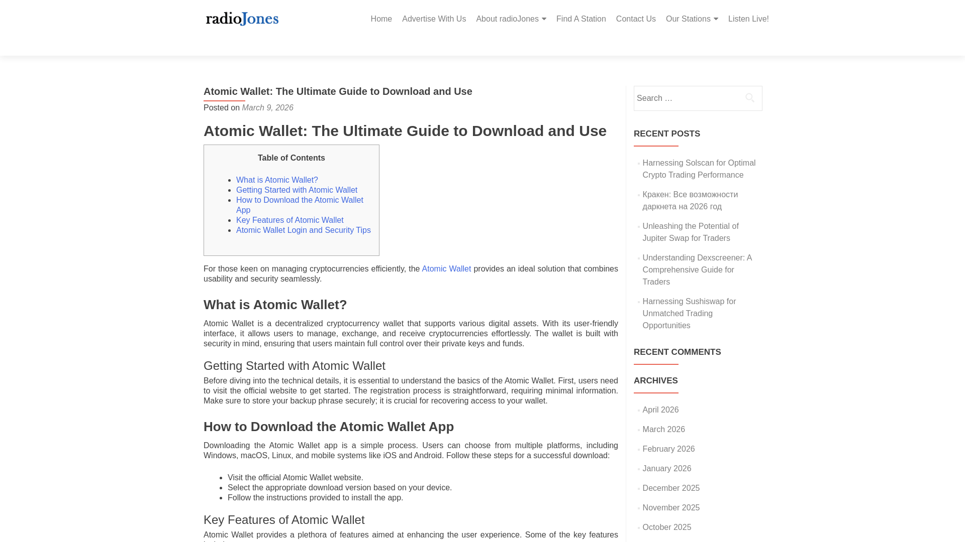 website screenshot of https://radiojones.com/2026/03/09/atomic-wallet-the-ultimate-guide-to-download-and-use/