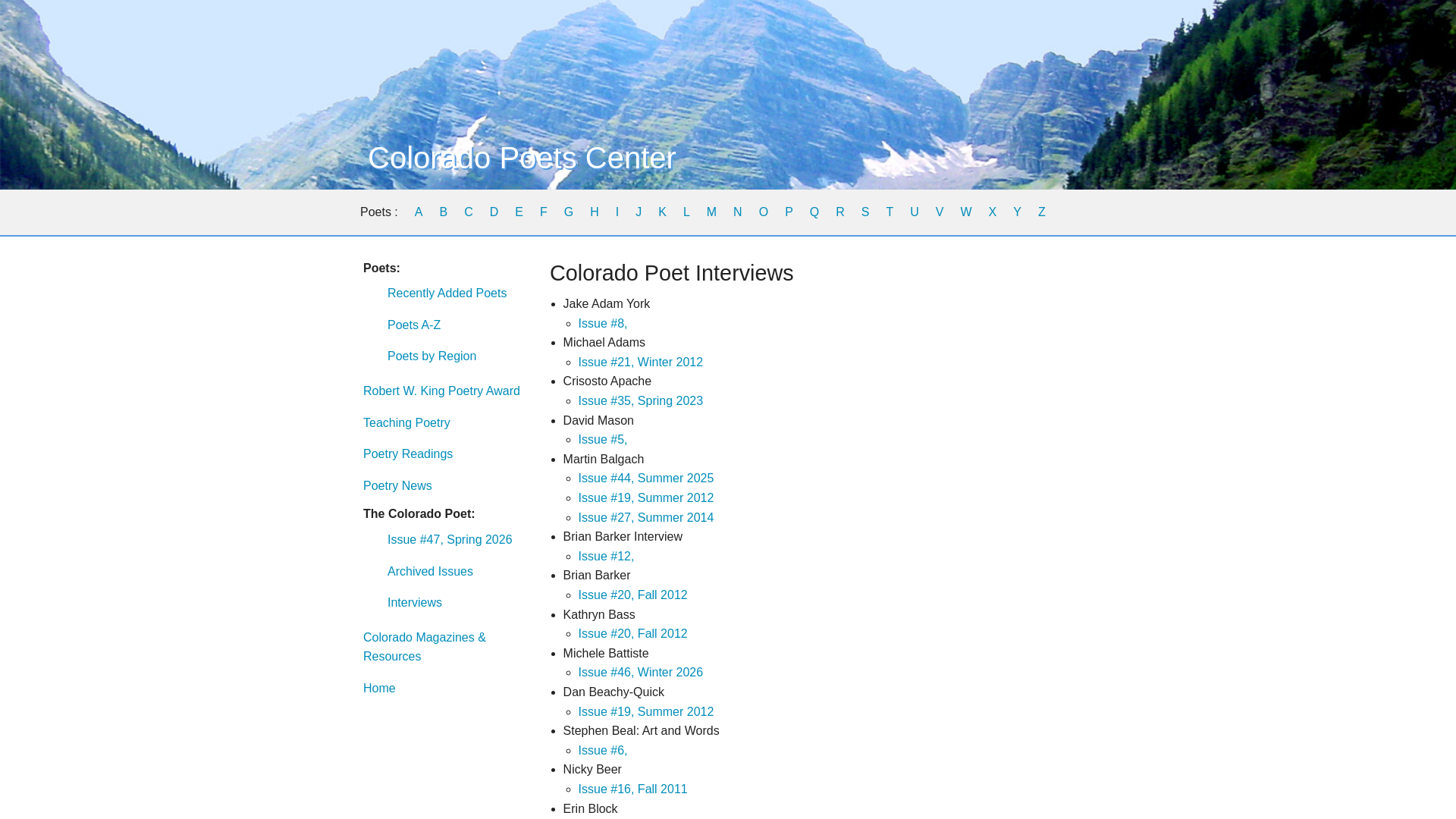 website screenshot of https://www.coloradopoetscenter.org/ewords/interviews.html