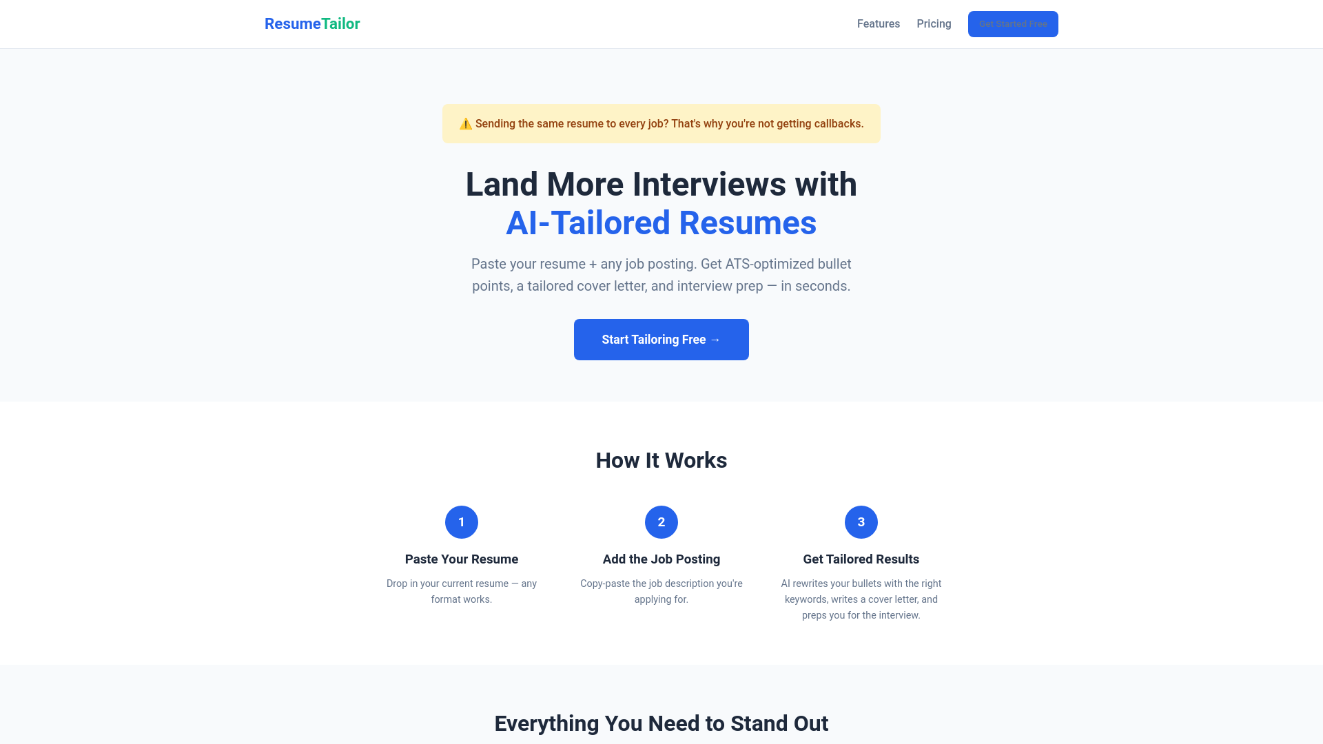 website screenshot of https://resumetailor.pages.dev/