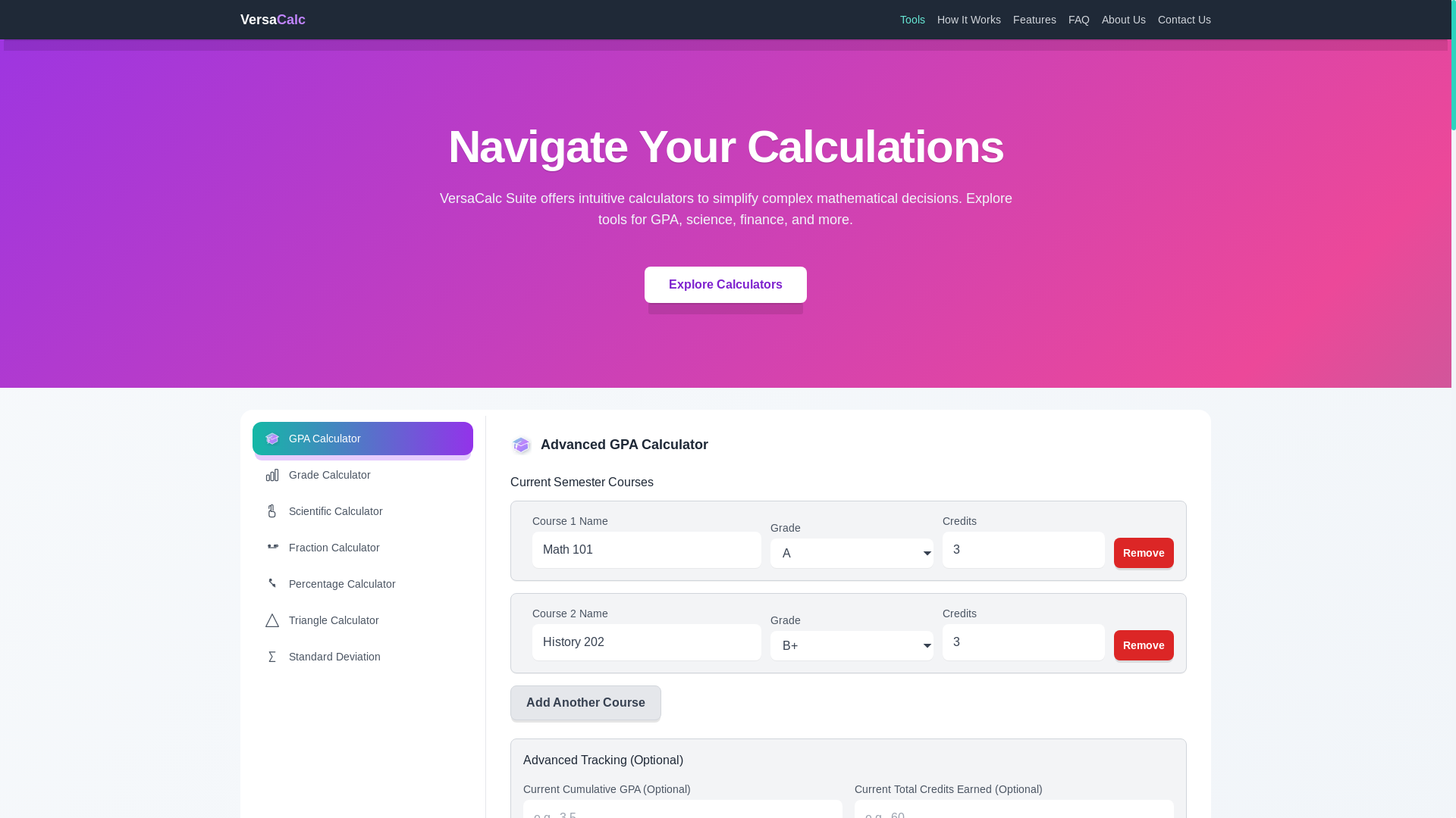 website screenshot of https://versacalc-suite.pages.dev/