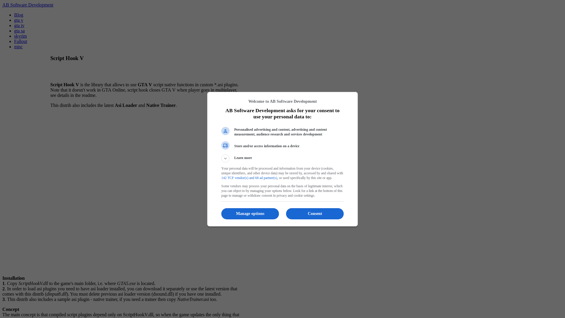 website screenshot of https://www.dev-c.com/gtav/scripthookv/#google_vignette