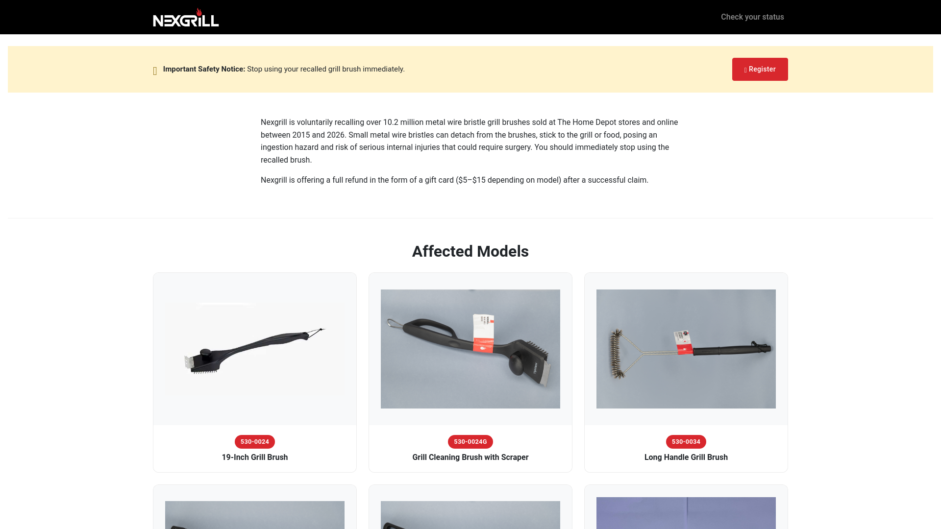 website screenshot of https://nexgrill.mktpoint.com/recall
