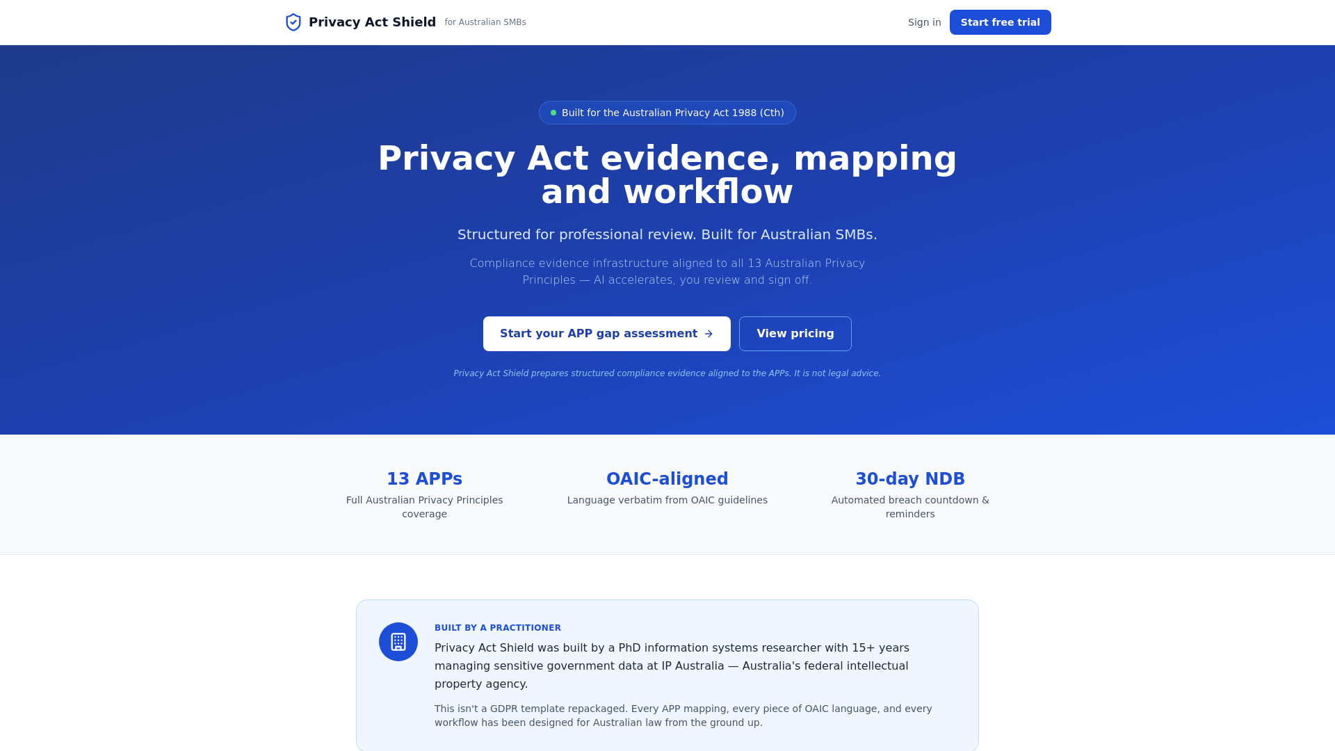 website screenshot of https://privacyactshield.com.au
