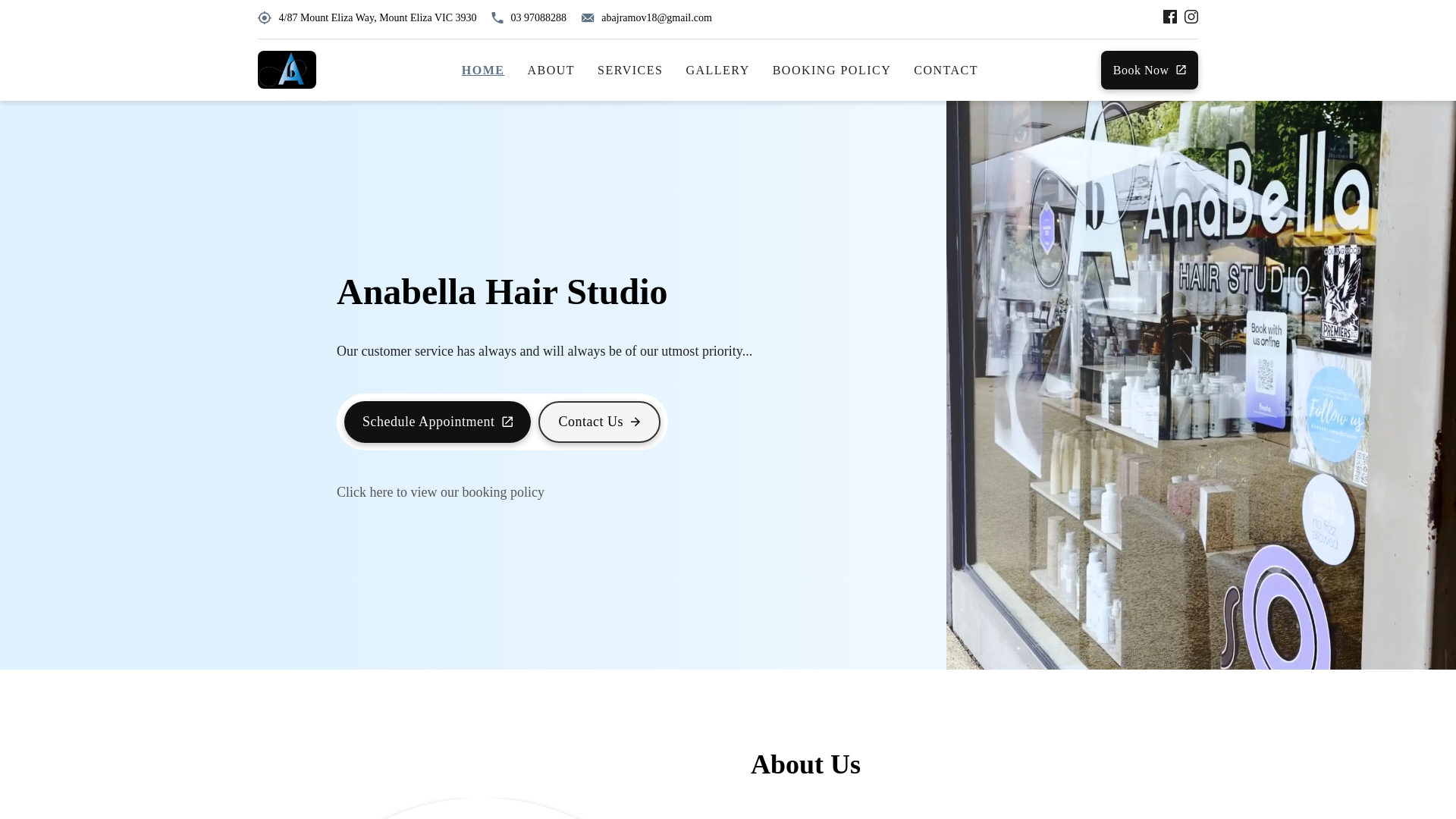 website screenshot of https://anabellahairstudios.com.au/
