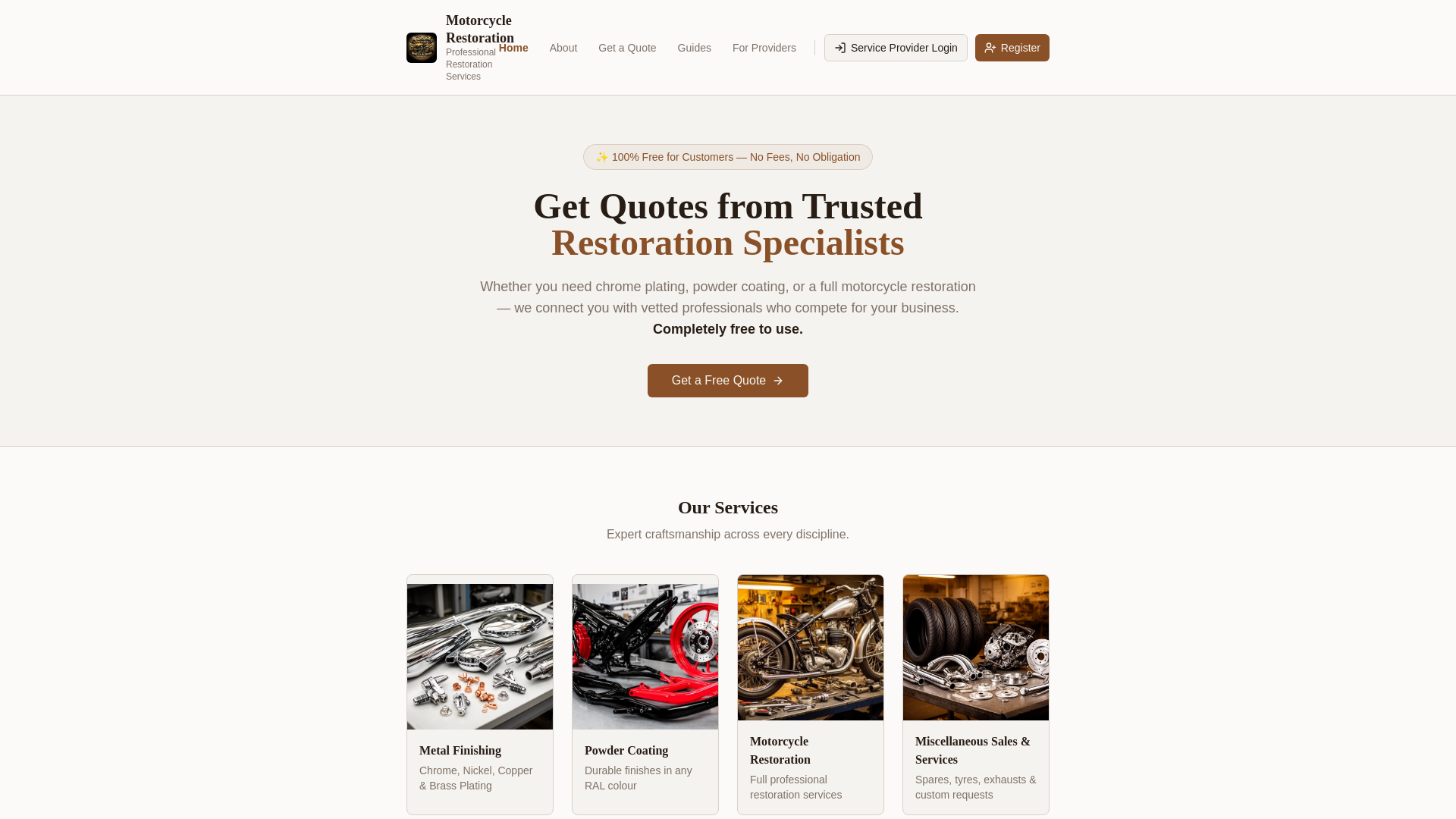 website screenshot of https://motorcyclerestorationservices.com/