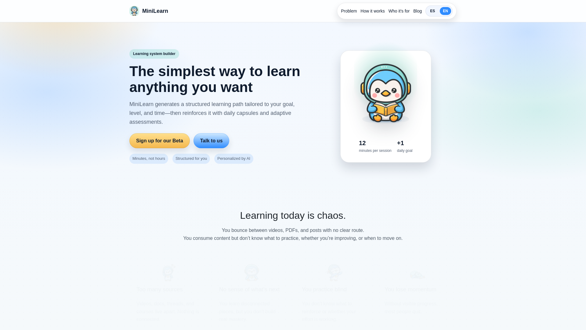 website screenshot of https://minilearn.app/