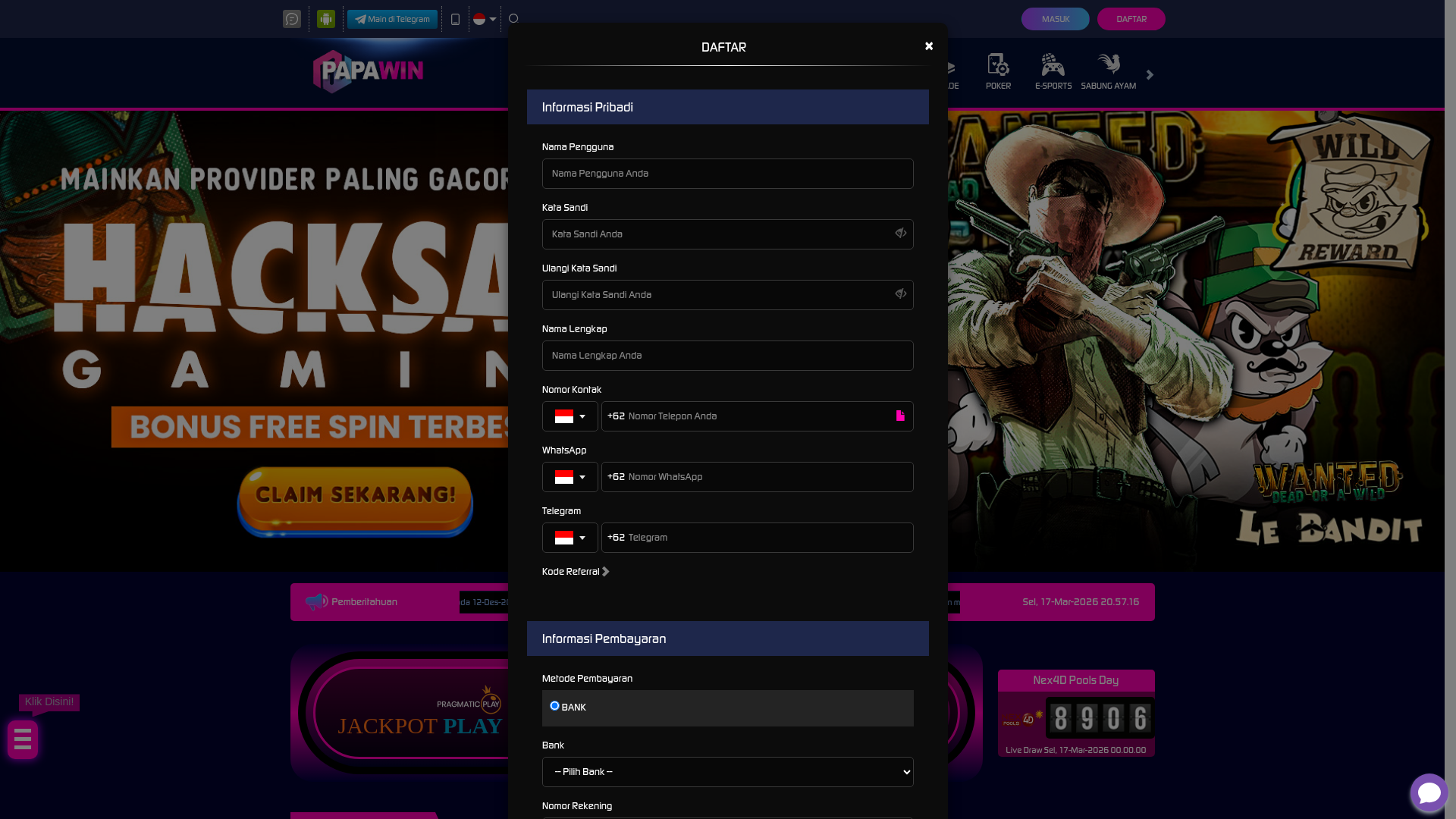 website screenshot of https://papawinidr.online/