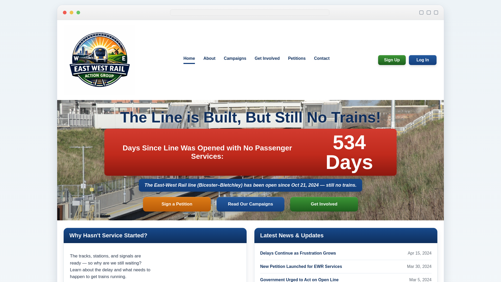 website screenshot of https://eastwestrailactiongroup.co.uk/