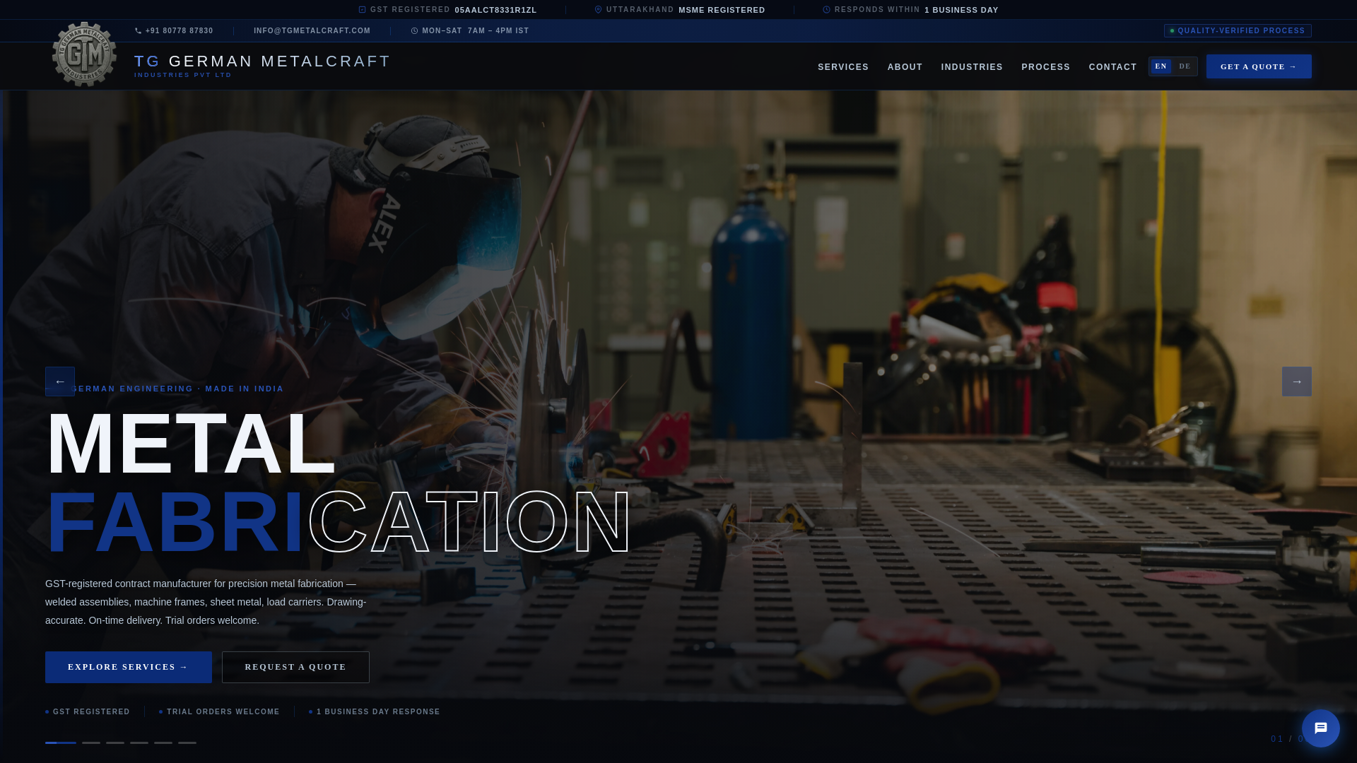 website screenshot of https://tgmetalcraft.com/