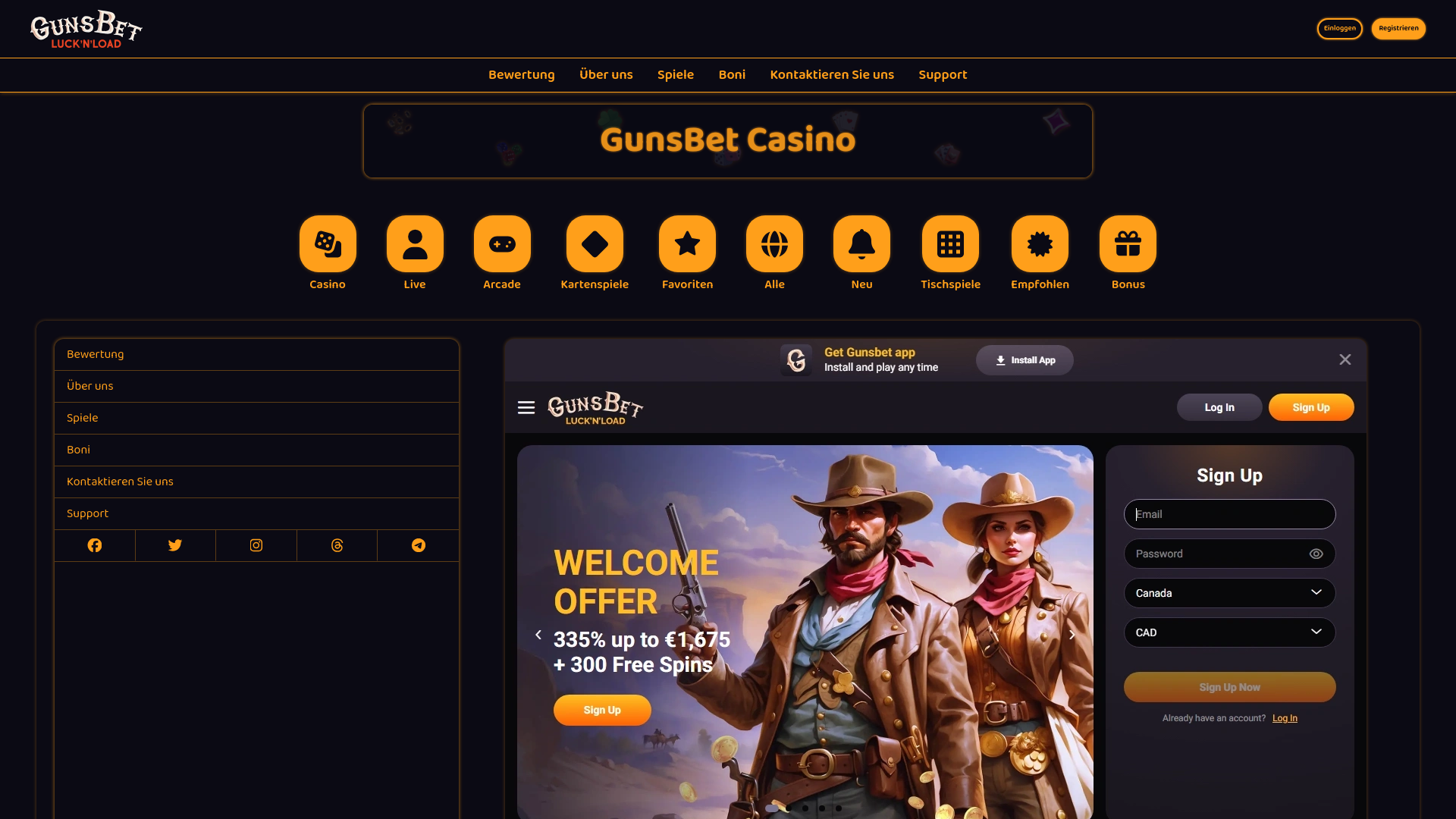 website screenshot of https://casinogunsbet.de