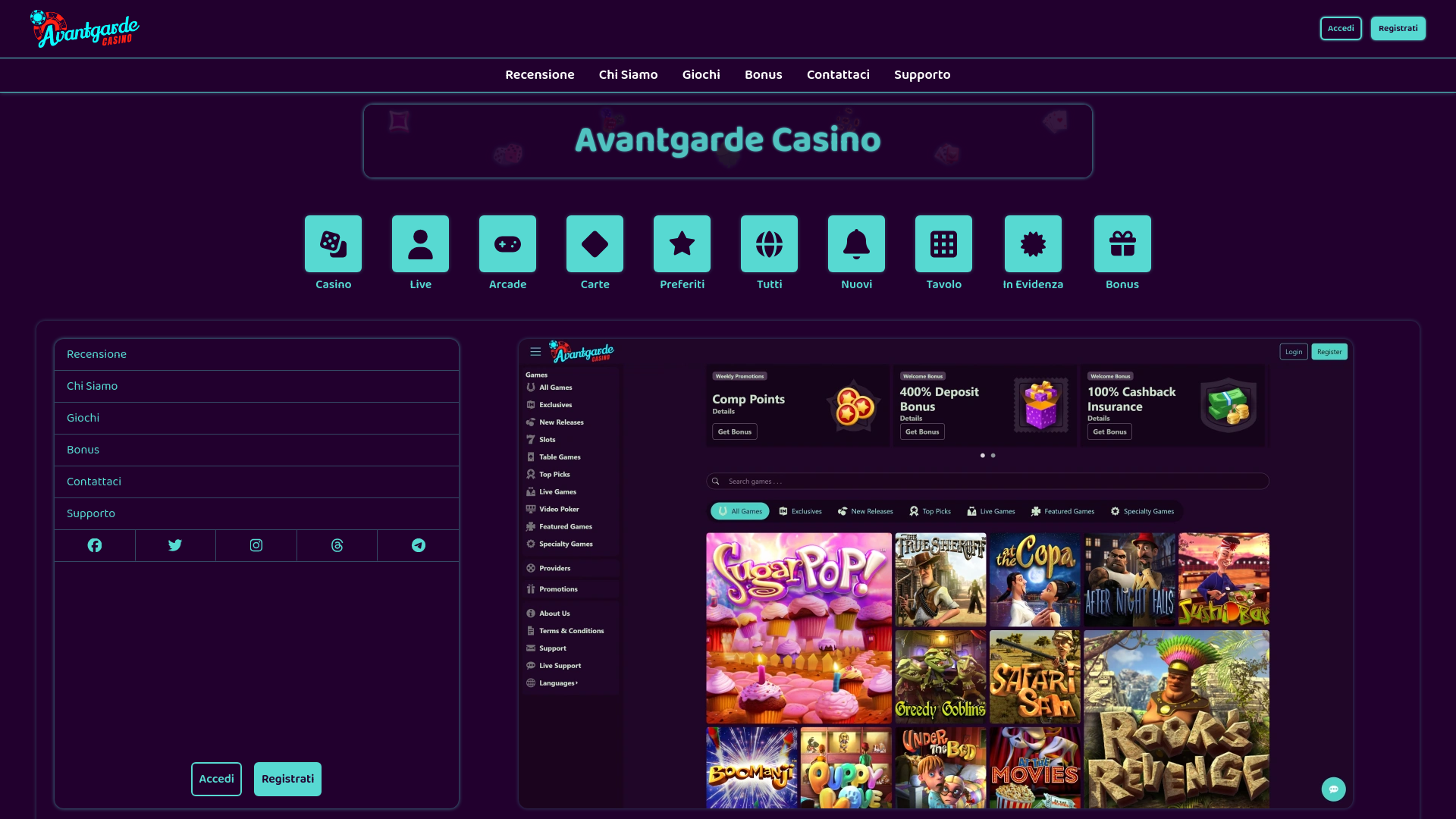 website screenshot of https://casinoavantgarde.it/