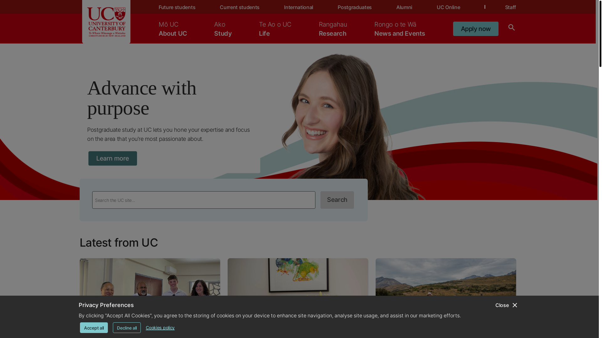 website screenshot of https://www.canterbury.ac.nz/