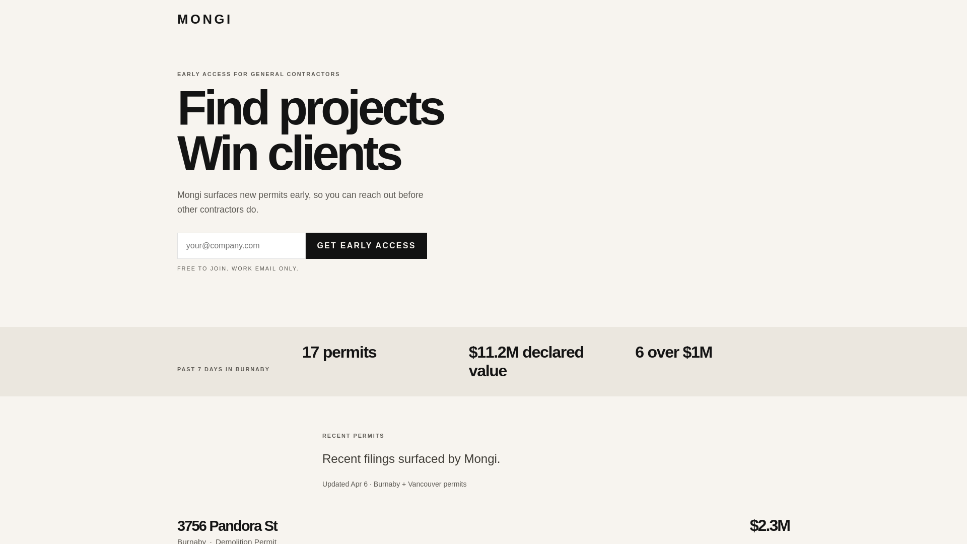 website screenshot of https://mongi-early-access-page.pages.dev/
