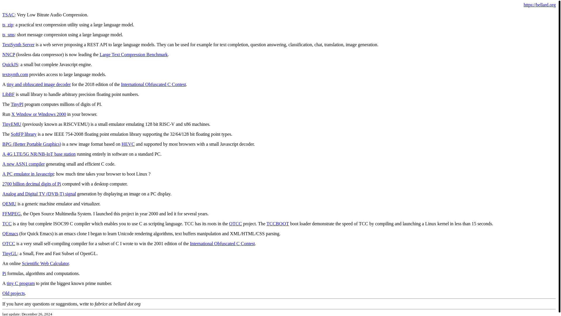 website screenshot of https://bellard.org/