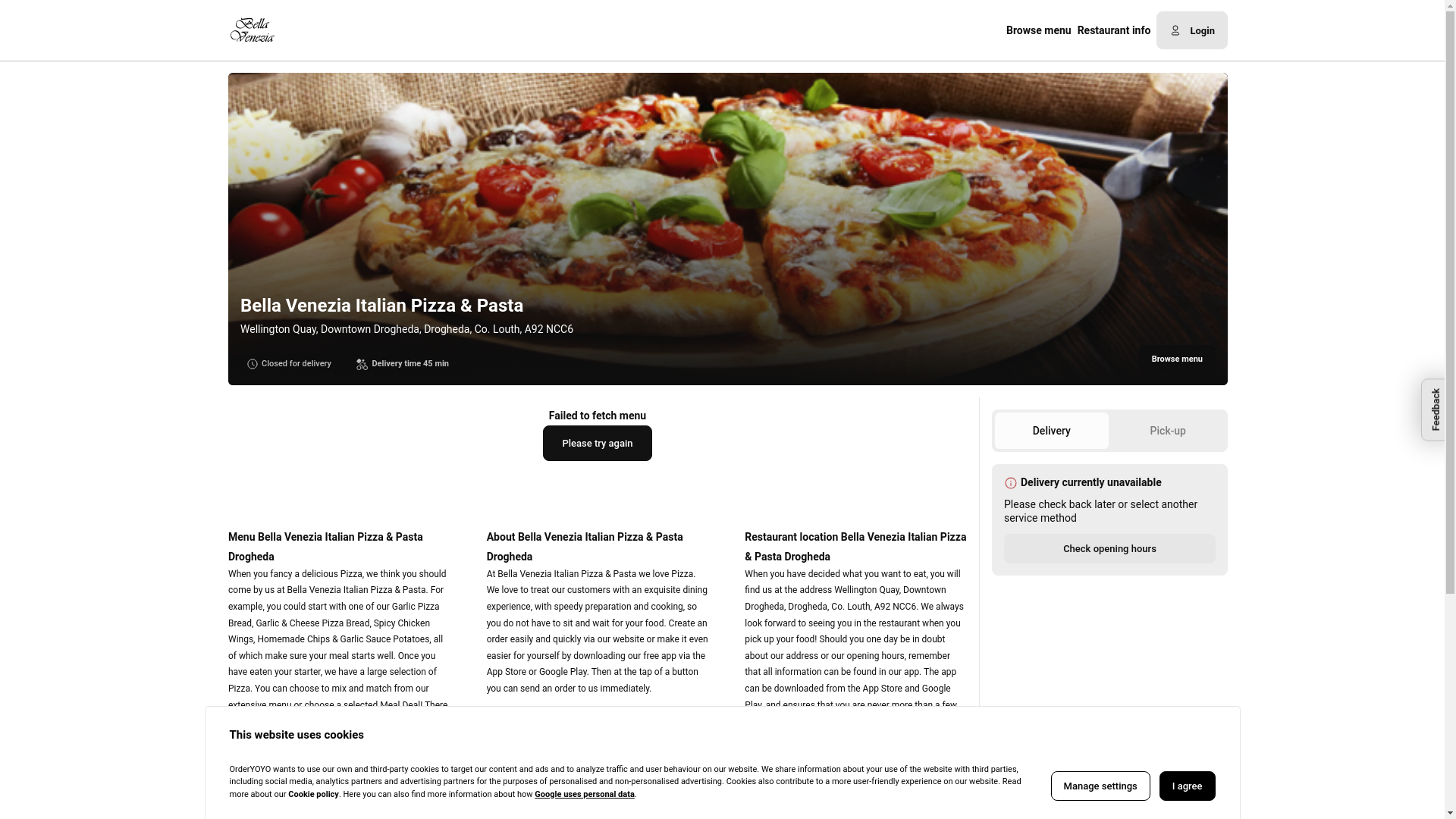 website screenshot of https://bellaveneziaitalian.ie/
