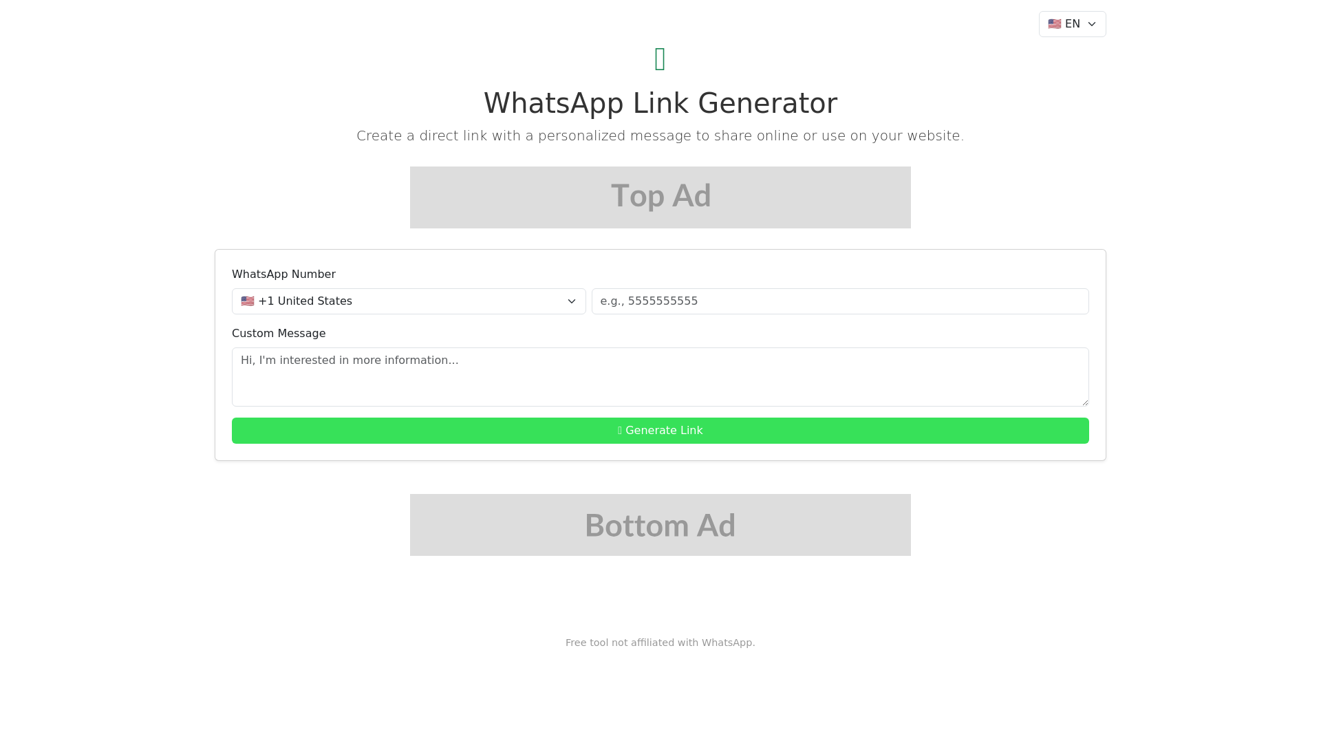 website screenshot of https://whatsapplink.info/
