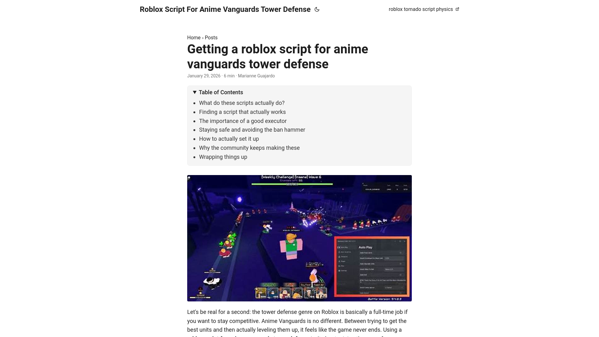 website screenshot of https://roblox-script-for-anime-vanguards-tower-defense.pages.dev/