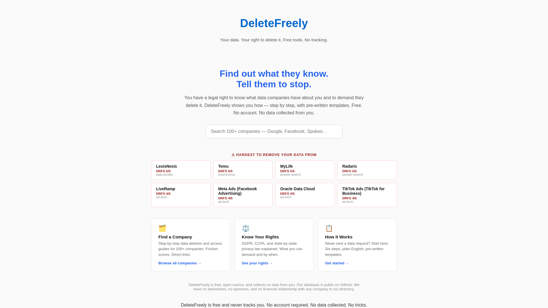 website screenshot of https://deletefreely.com/