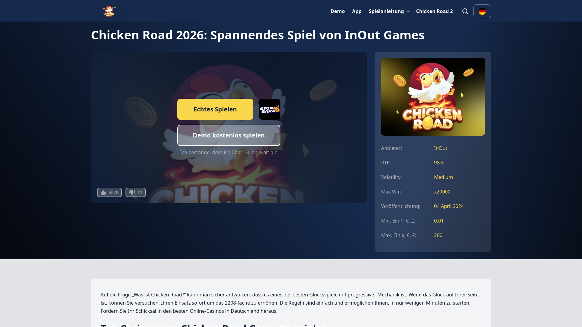 website screenshot of https://de-chickenroad.de/