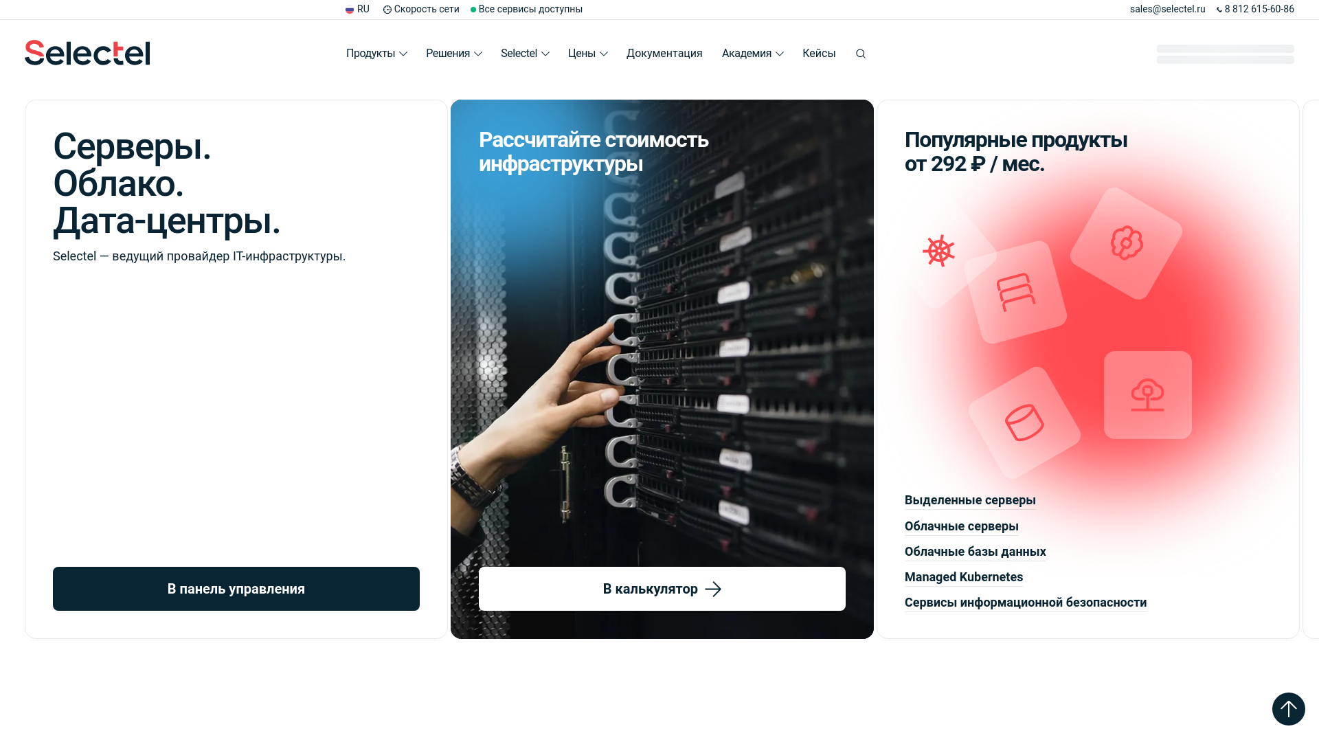 website screenshot of https://selectel.ru/