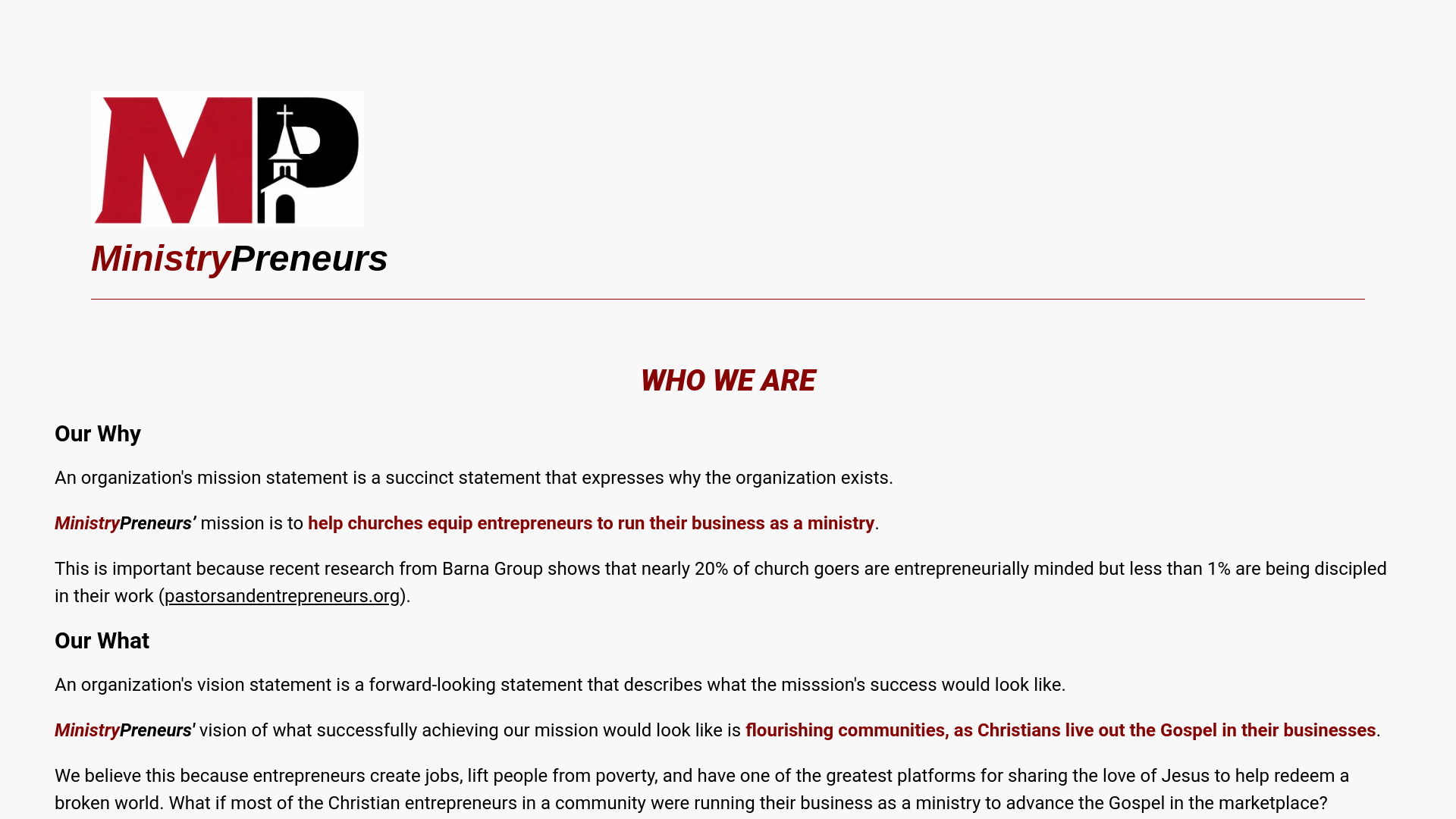 website screenshot of https://ministrypreneurs.org/