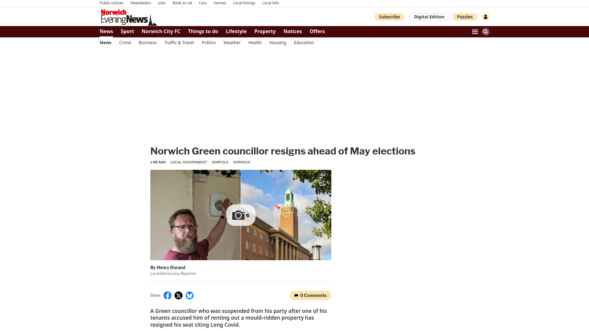 website screenshot of https://www.eveningnews24.co.uk/news/25958860.norwich-green-councillor-resigns-ahead-may-elections/