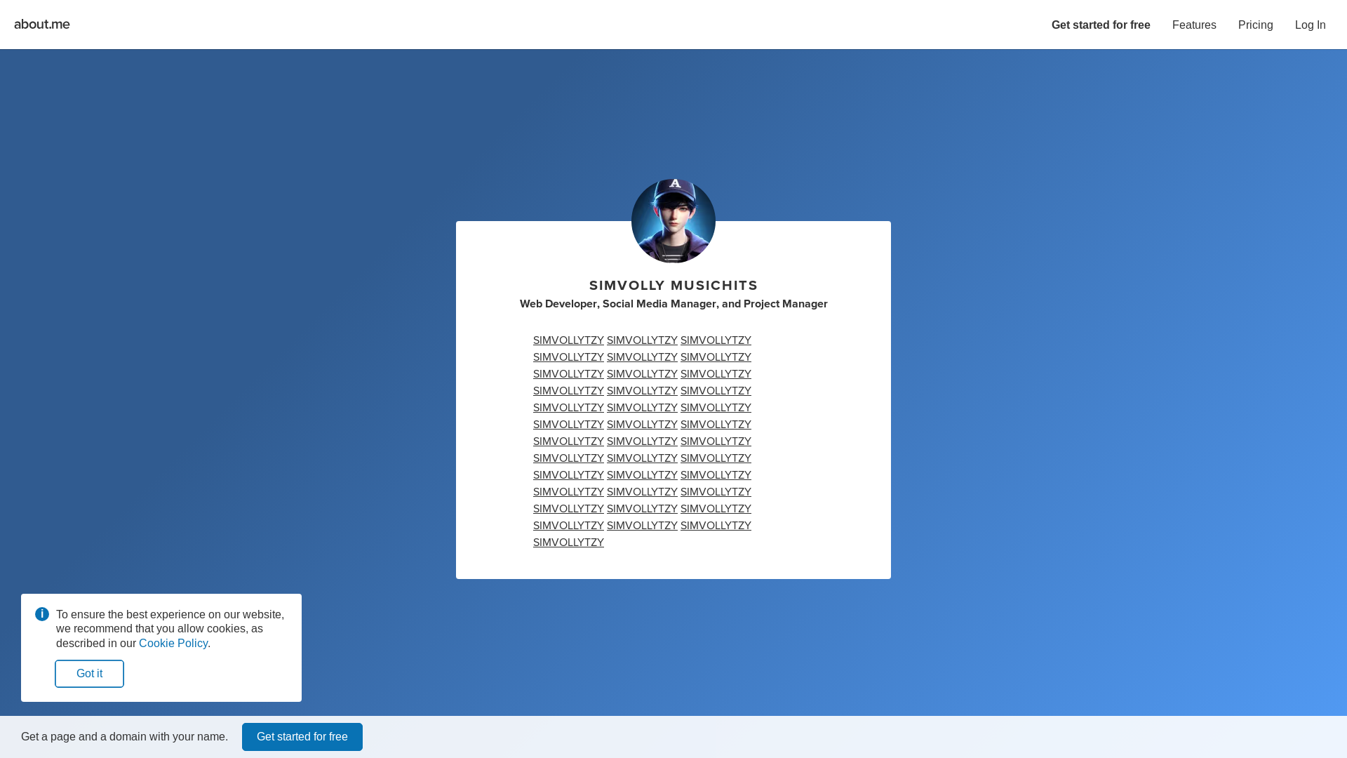 website screenshot of https://about.me/simvollymusichits