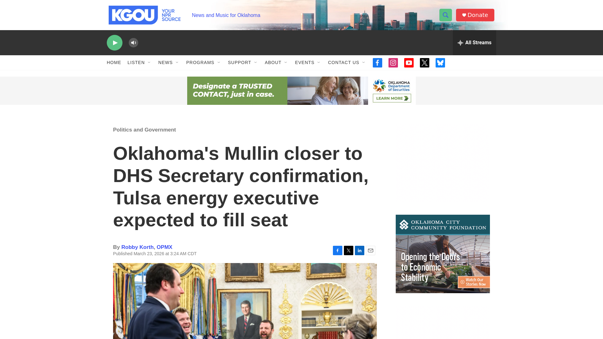 website screenshot of https://www.kgou.org/latest-on-mullin-dhs-confirmation