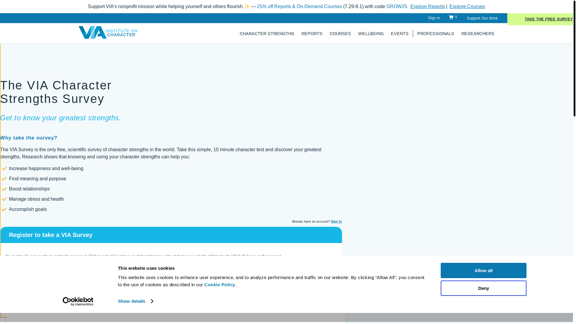 website screenshot of https://www.viacharacter.org/account/register
