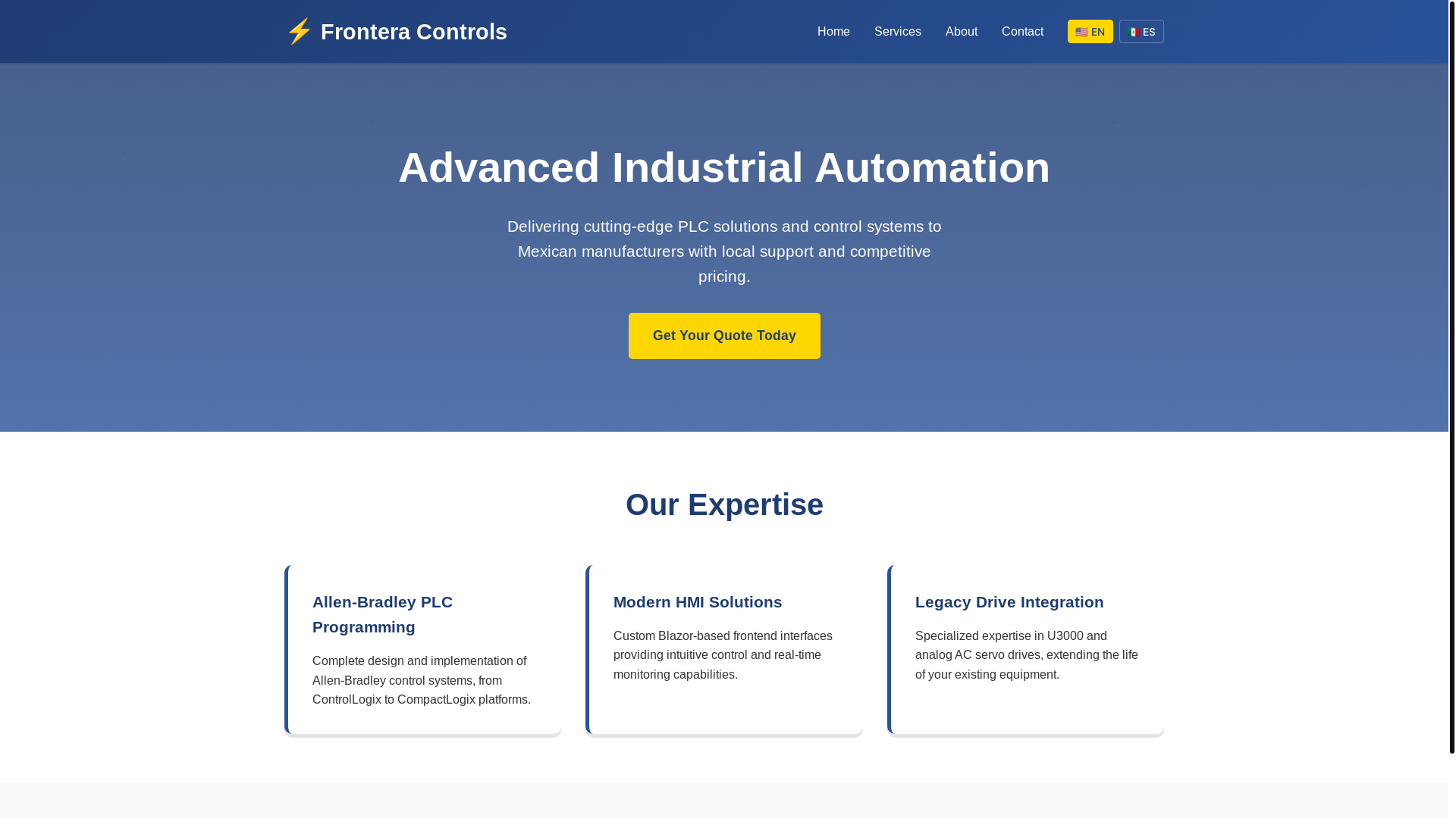 website screenshot of https://fronteracontrols.com/