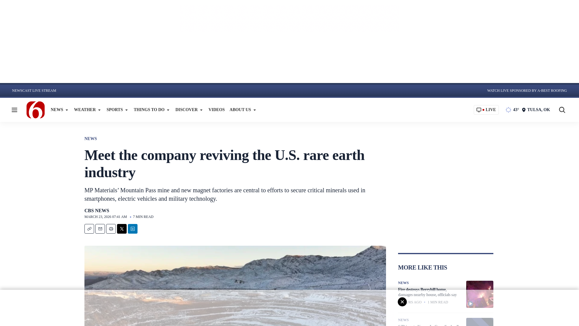 website screenshot of https://www.newson6.com/tulsa-oklahoma-news/mp-materials-rare-earths-mine-us-china-trade