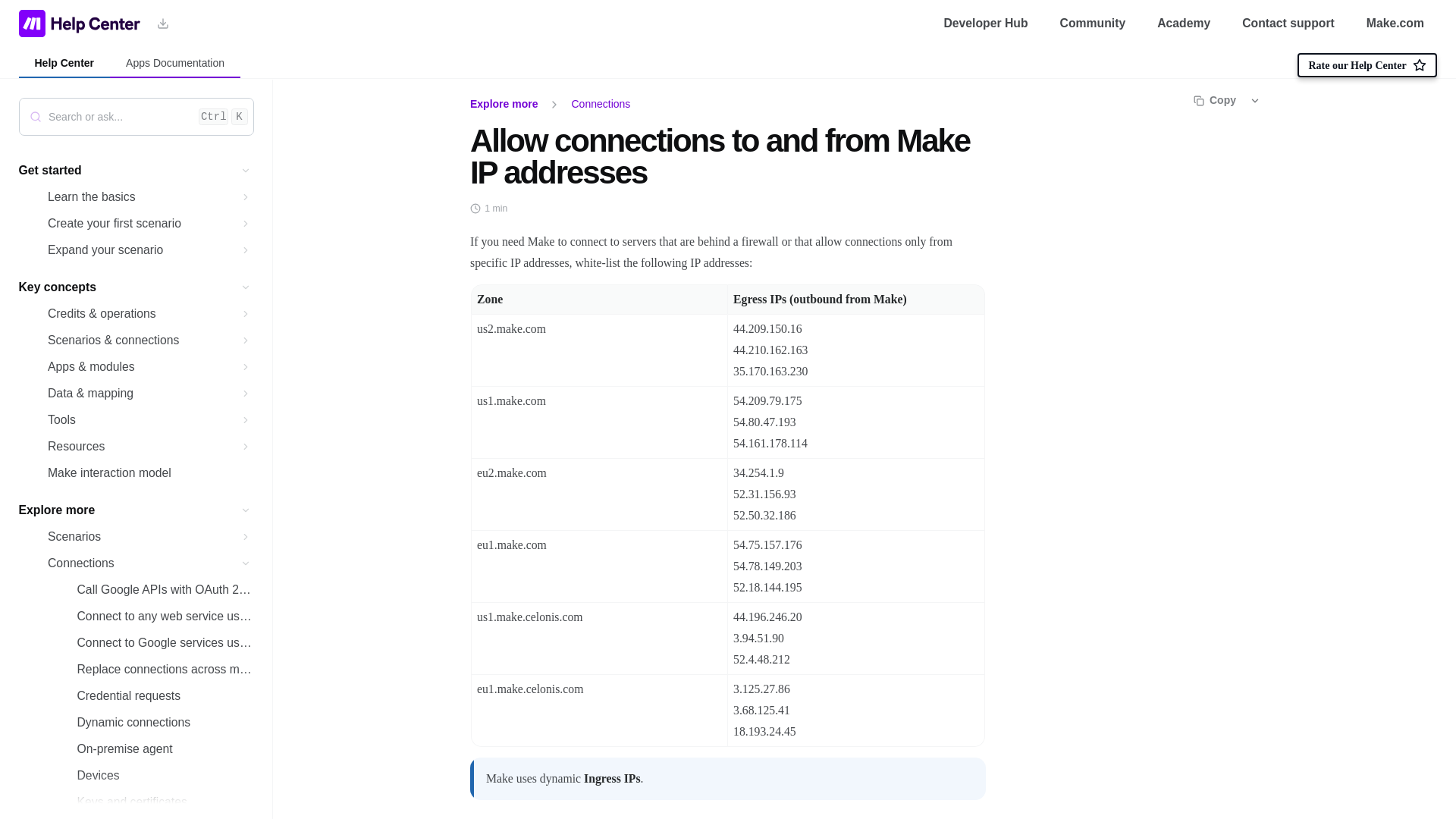 website screenshot of https://help.make.com/allow-connections-to-and-from-make-ip-addresses