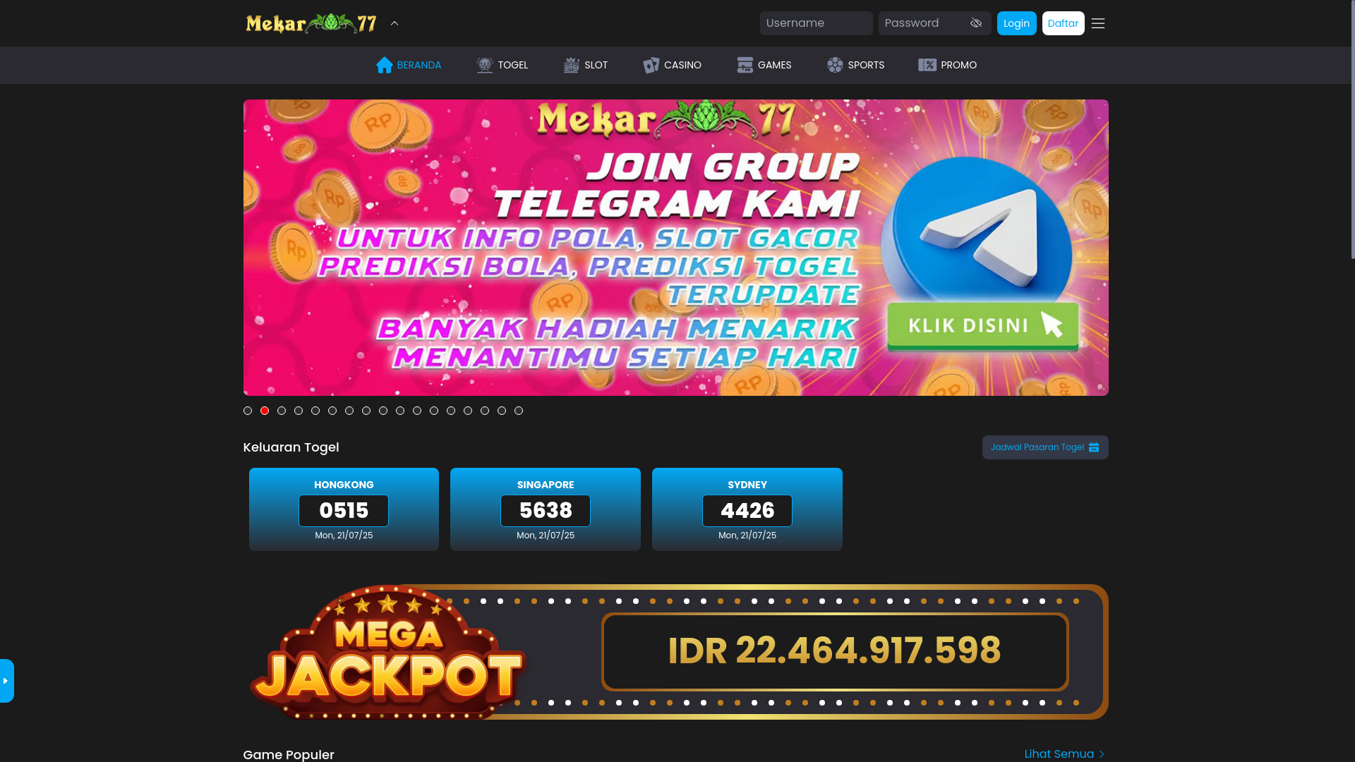 website screenshot of https://mekar77baru.site/