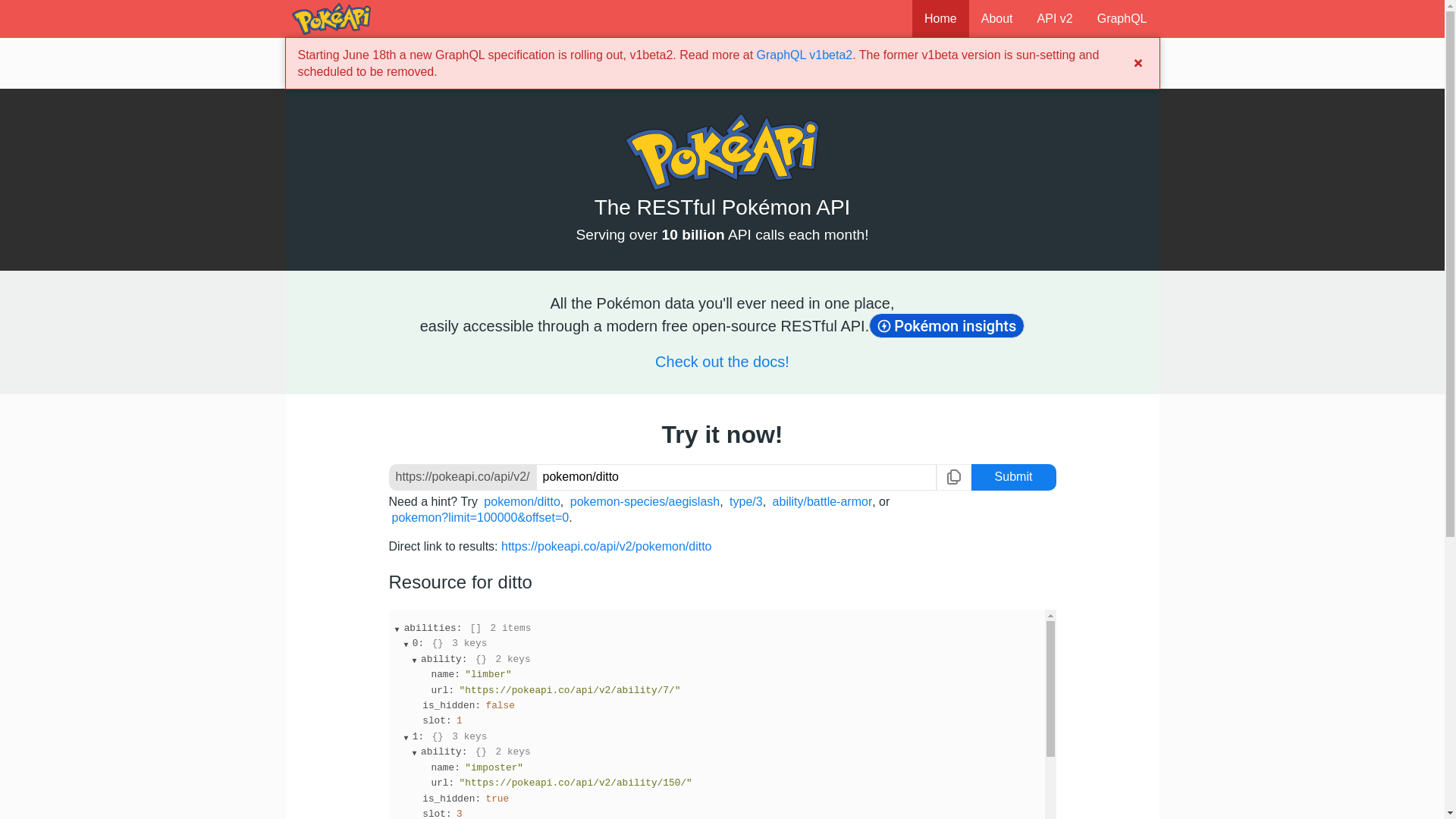 website screenshot of https://pokeapi.co/