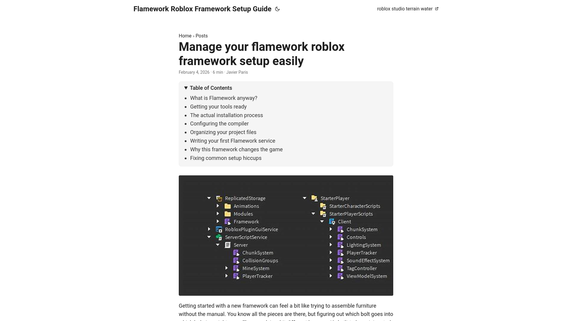 website screenshot of https://flamework-roblox-framework-setup-guide.pages.dev/