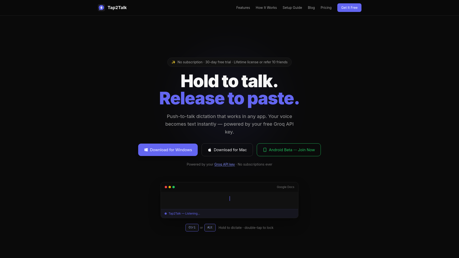 website screenshot of https://tap2talk.app/