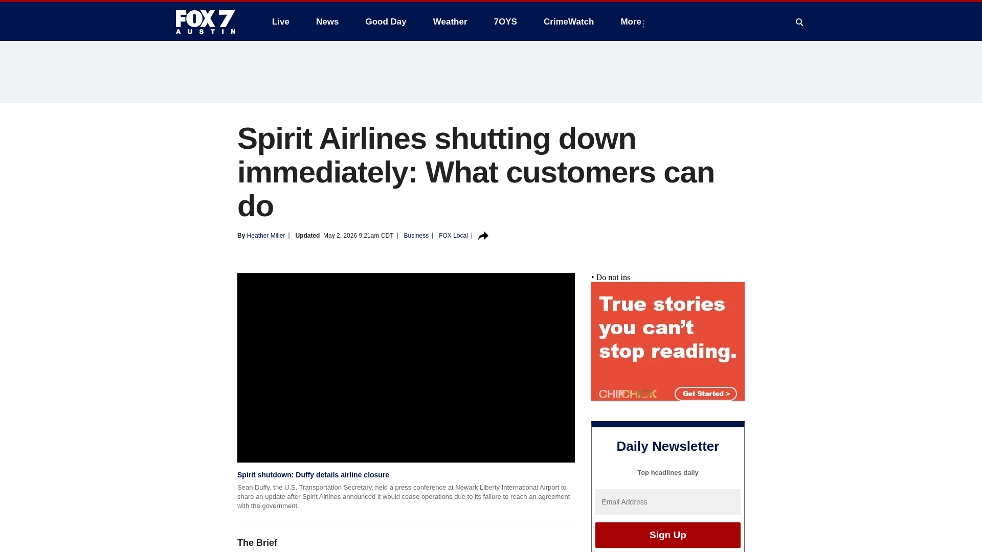 website screenshot of https://www.fox7austin.com/news/spirit-airlines-shutting-down-immediately-what-customers-can-do