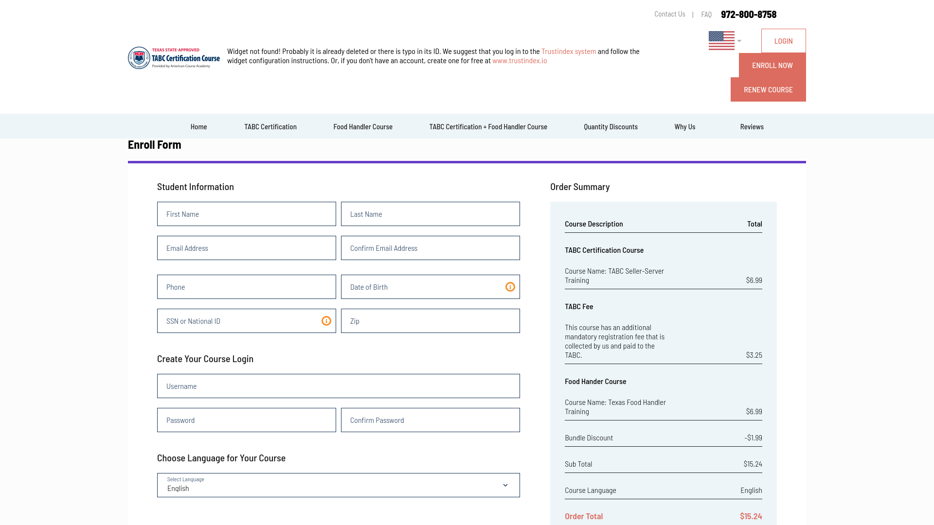 website screenshot of https://americancourseacademy.com/tabccertification/enroll-now/?type=bundle