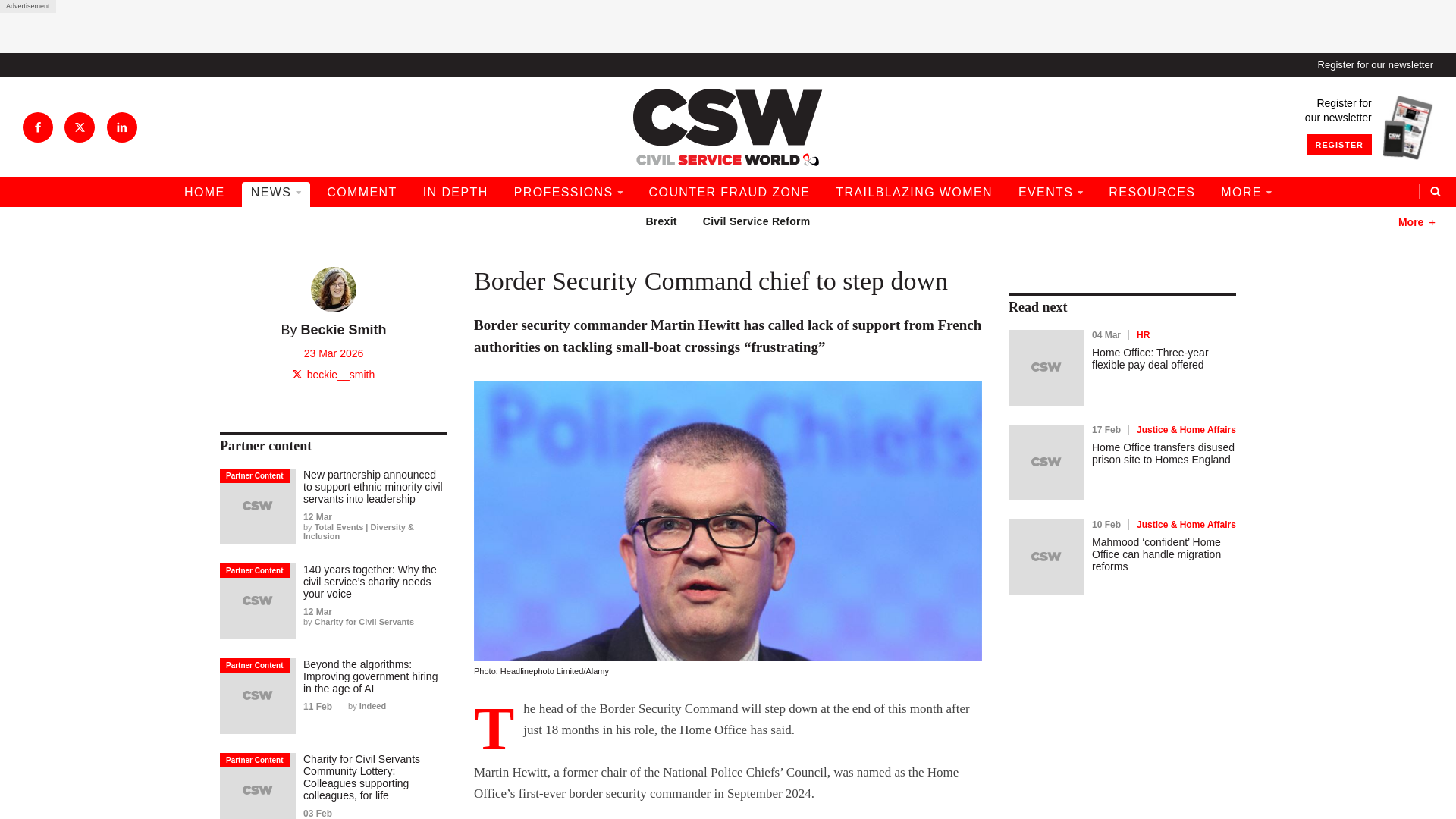 website screenshot of https://www.civilserviceworld.com/professions/article/border-security-command-chief-to-step-down