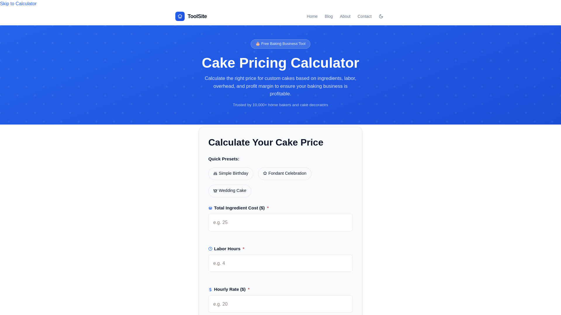 website screenshot of https://cakepricingcalculator.pages.dev/