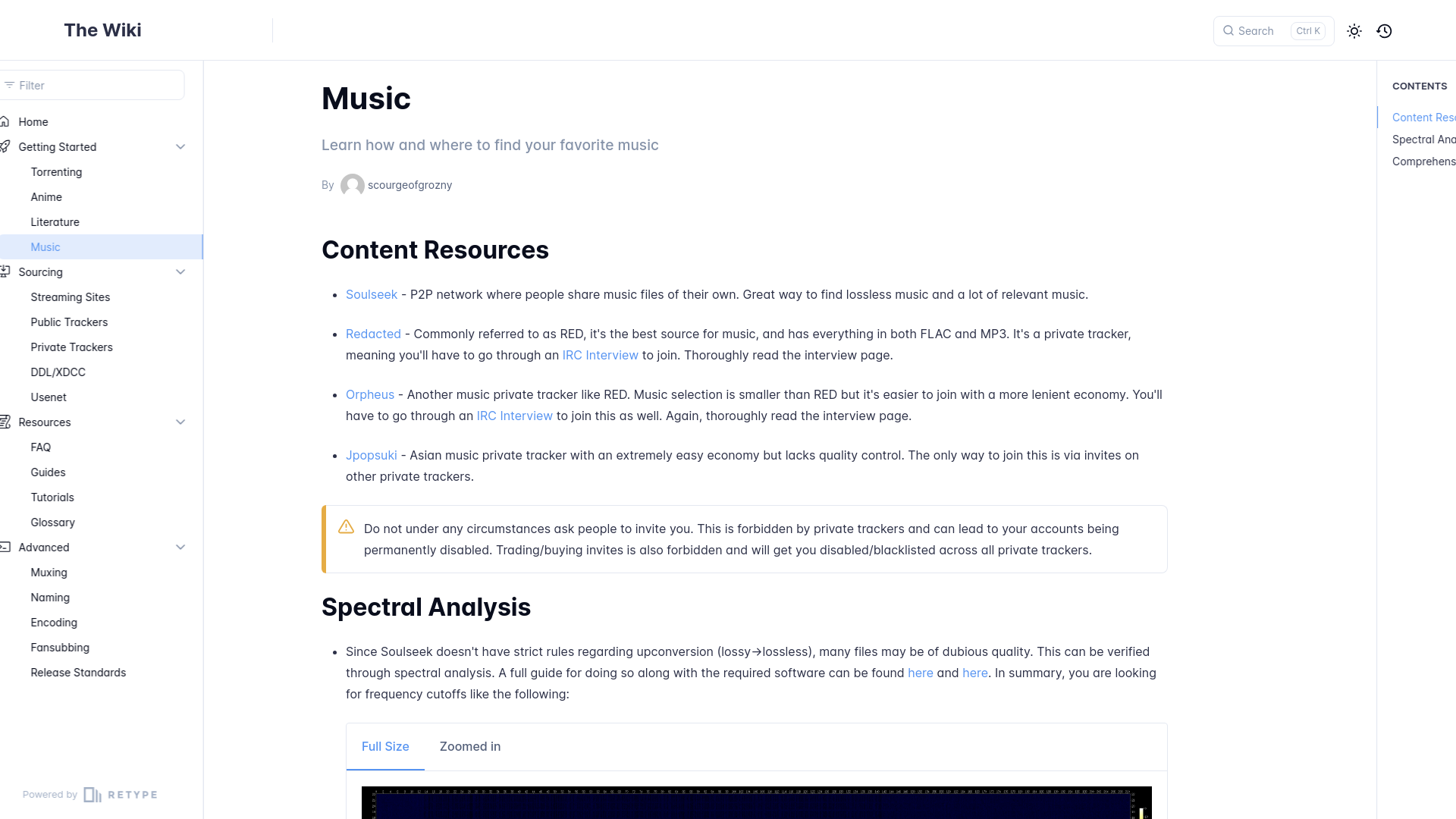 website screenshot of https://thewiki.moe/getting-started/music/
