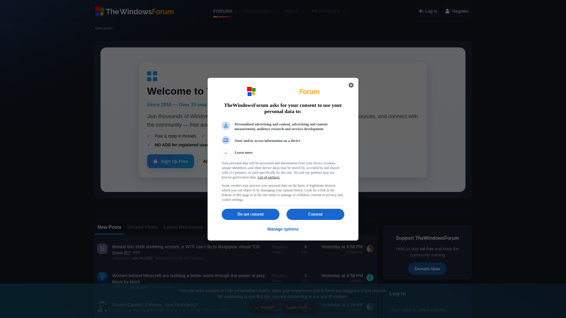 website screenshot of https://thewindowsforum.com