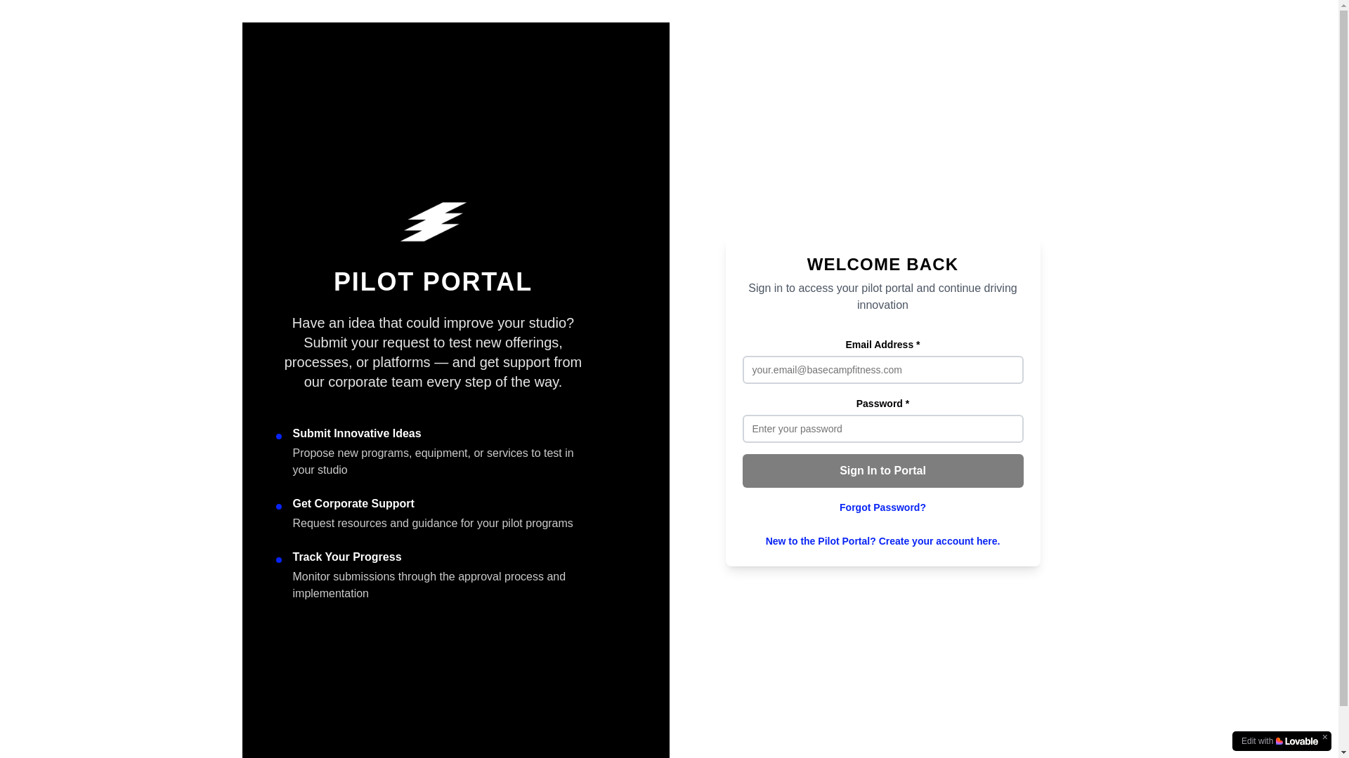 website screenshot of https://basecamp-pilot-portal.com/