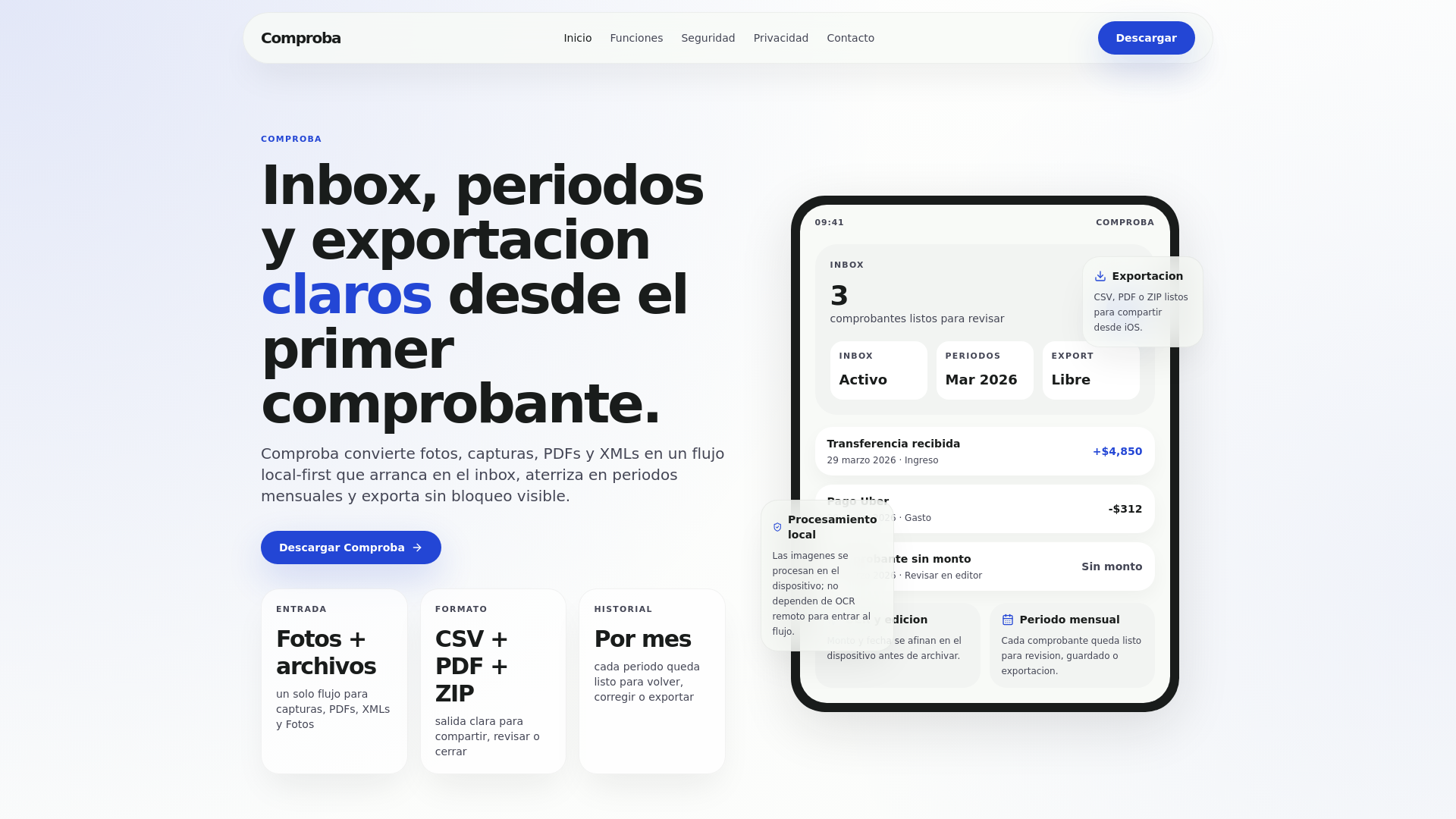 website screenshot of https://comproba.app/