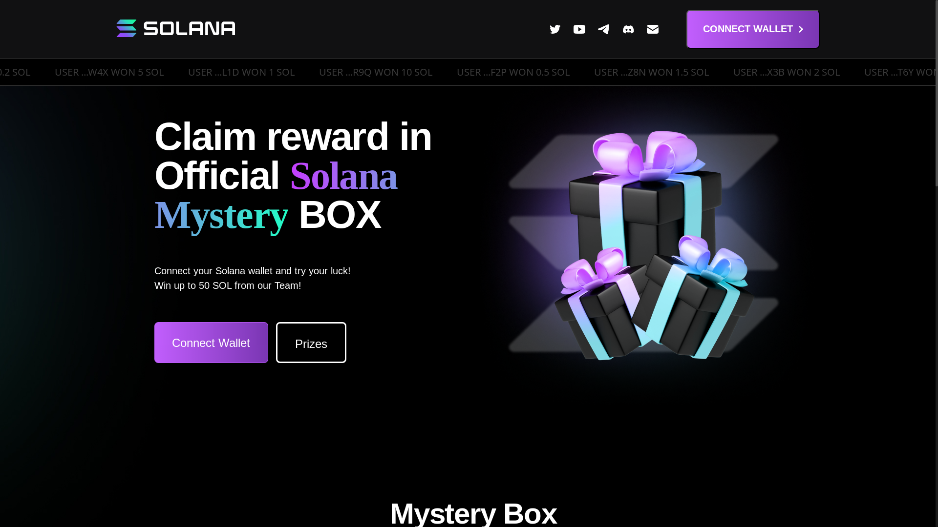 website screenshot of https://solmysterygift.xyz/