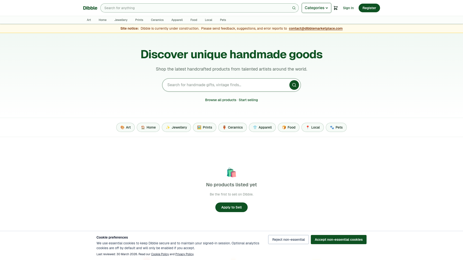 website screenshot of https://dibblemarketplace.com/